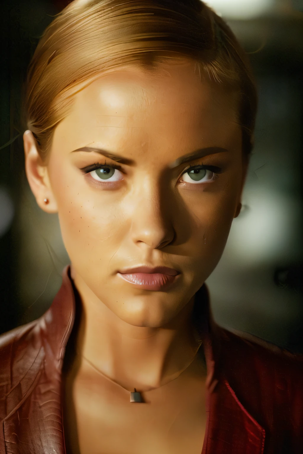 Picture, best quality, (photorealistic image of beautiful KristannaTX:1.1), serious look, looking at viewer, perfect face, perfect eyes, sharp focus, dark lighting, cinematic, city street, T-X, deep focus, sharp details, detailed leather, 8K, Ultra HD, best quality