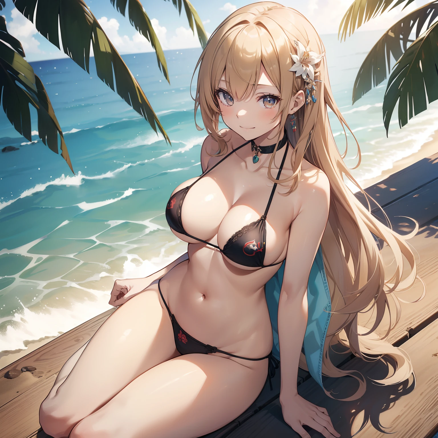 (masutepiece,Best Quality,8K),(extremely detailed CG1.1),1 girl,Smile,(Micro Bikini:1.1),large boob,Beach,(From above:1.2),POV,Sitting,Summer light,Intricate details , Hyper realistic, Perfect Anatomy