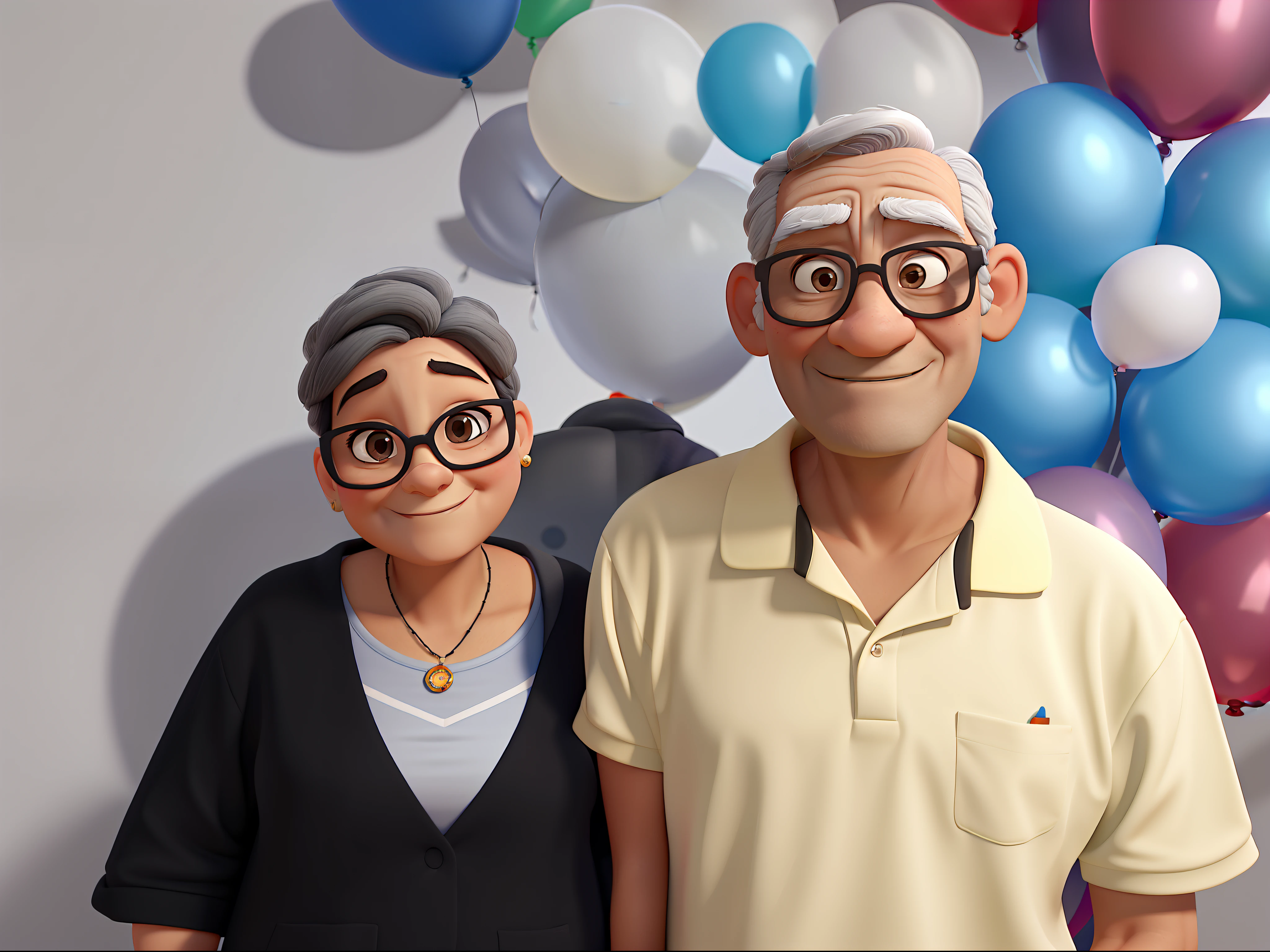 estilo disney pixar Um casal de Idosos, sendo Uma mulher idosa, Short black hair next to an elderly man wearing glasses Very short and gray hair, with a background of party balloons, alta qualidade, highes definition