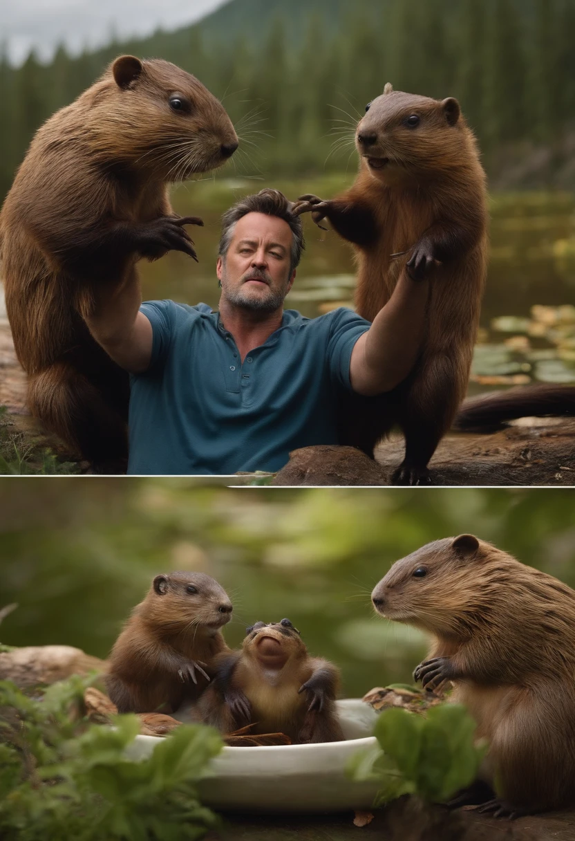 mathew perry undergoing anaphylaxis whilst animorphing into a beaver and tenderly holding his frog son