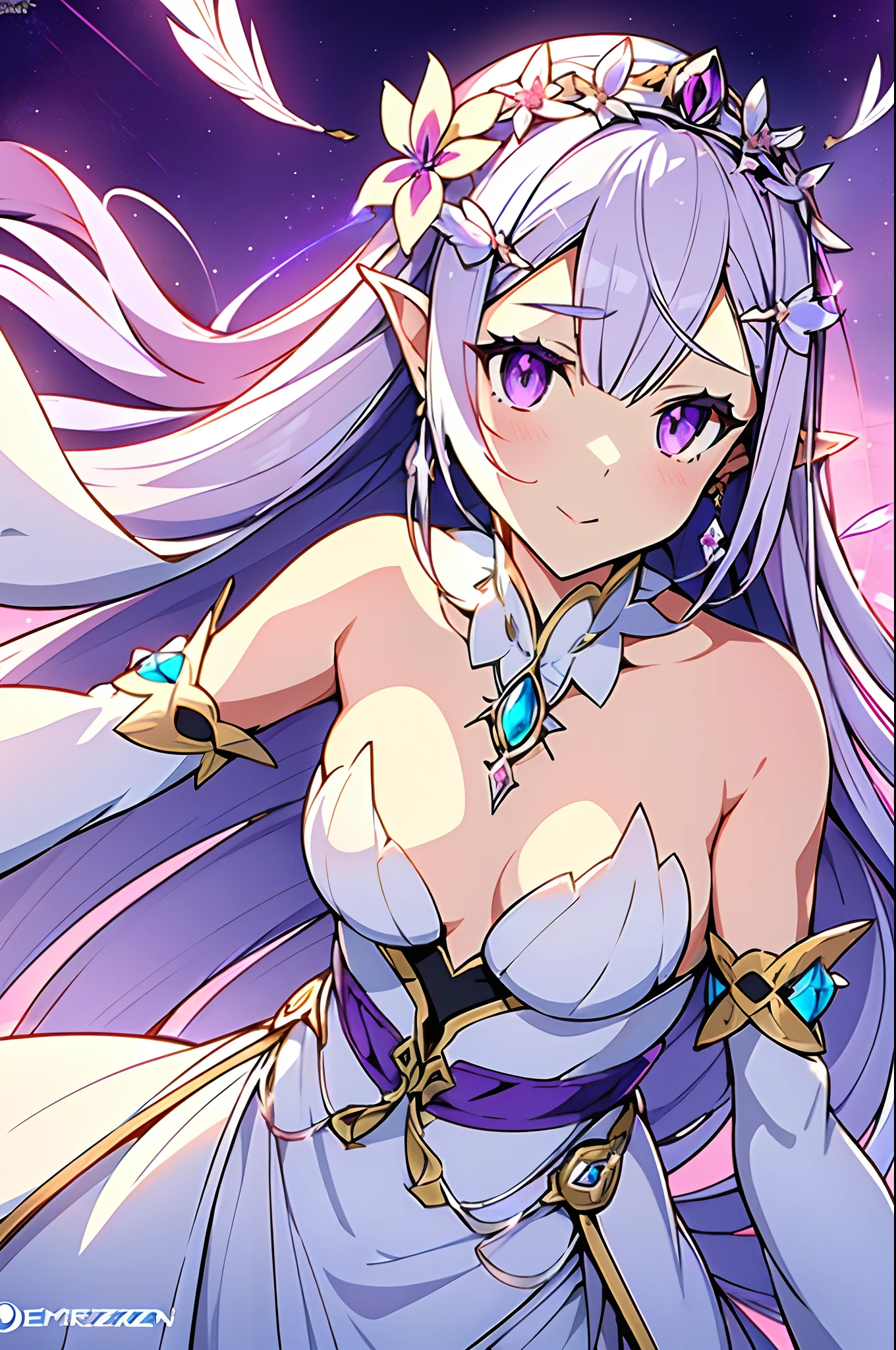Emilia princess from Re:Zero kara Hajimeru Isekai Seikatsu, half elf, ((gorgeous white and purple elegant silk wedding dress, holding a bunch of clematis, silk accesory, veil, silver necklace, diamond ring, flower earring, belt, collar, silver crown, white silk legging)), grace hair style, garden background, ((perfect body shape, small breast, empress and forzen aura, flower and feather flying effect， detailed skin, silver and light purple pupil)), heavy make up, best quality anime 4k wallpaper quality, extreme eye and body detail， energetic girl, spirit around, high resolution , masterpieces