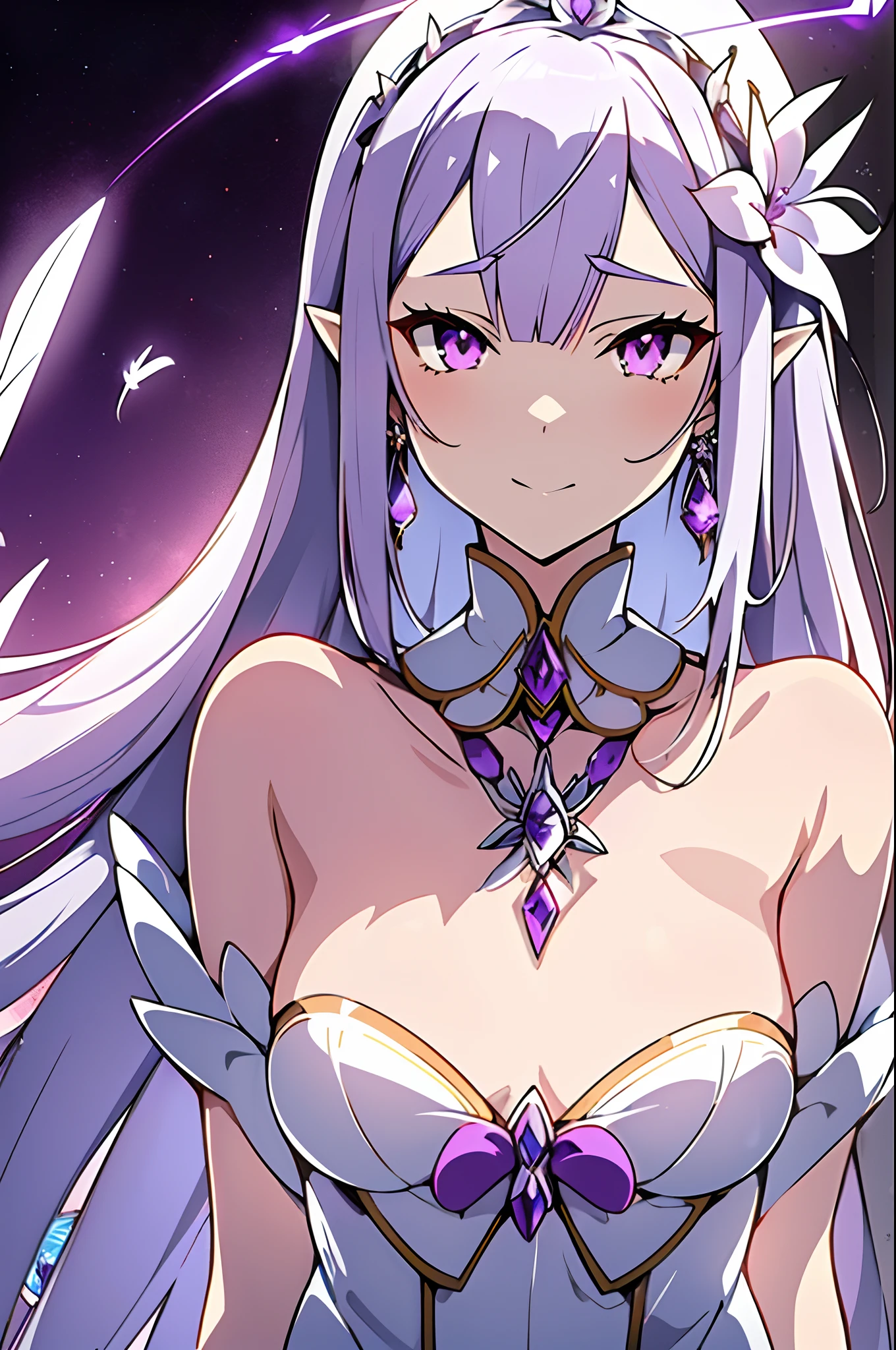 Emilia princess from Re:Zero kara Hajimeru Isekai Seikatsu, half elf, ((gorgeous white and purple elegant silk wedding dress, holding a bunch of clematis, silk accesory, veil, silver necklace, diamond ring, flower earring, belt, collar, silver crown, white silk legging)), grace hair style, garden background, ((perfect body shape, small breast, empress and forzen aura, flower and feather flying effect， detailed skin, silver and light purple pupil)), heavy make up, best quality anime 4k wallpaper quality, extreme eye and body detail， energetic girl, spirit around, high resolution , masterpieces