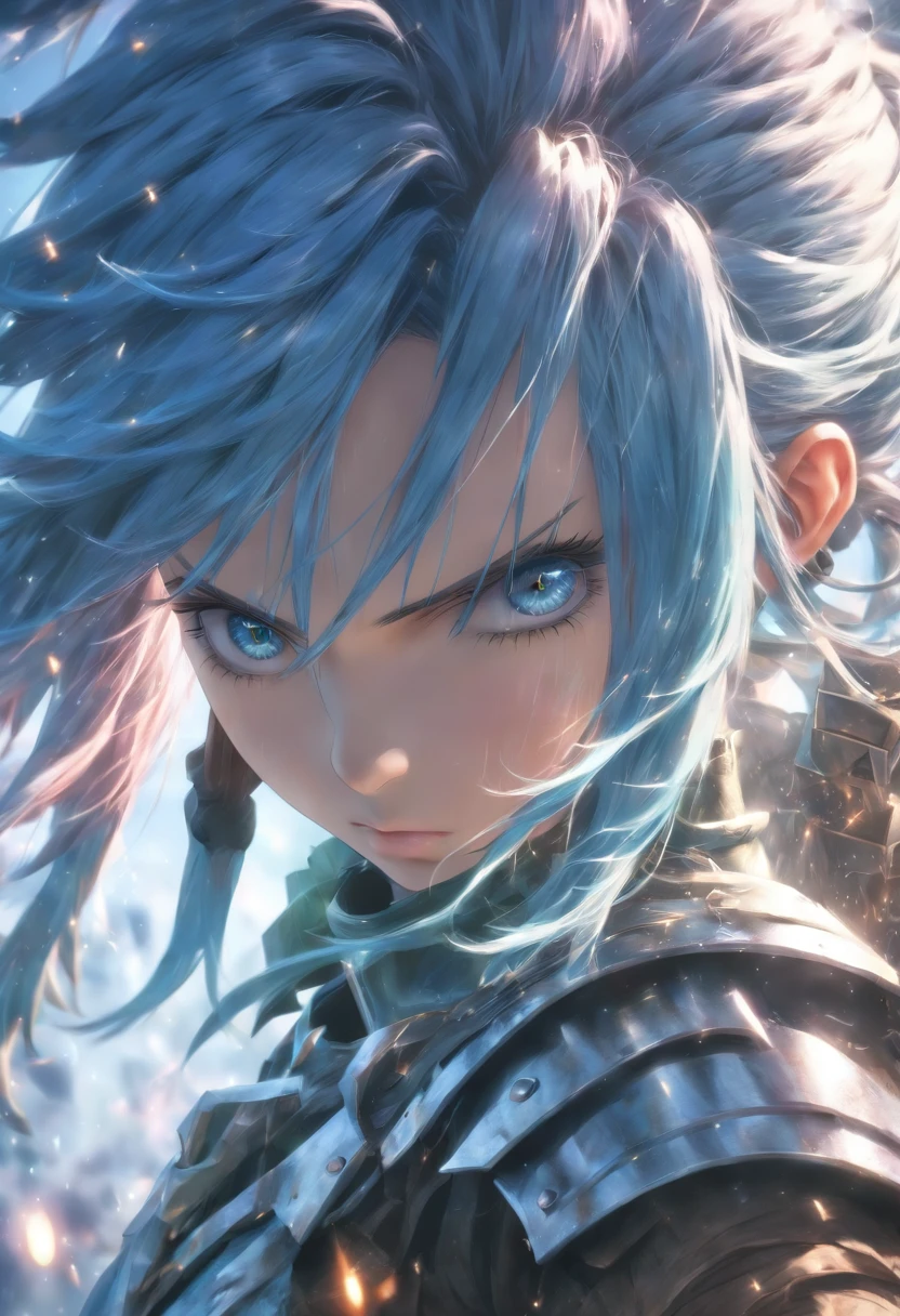 High quality, Ultra detailed, masterpiece, intricate detail, (1girl), ((a women with blue hair and wearing silver armor and dark blue clothing, Sinon Solus from Sword Art Online)), (holding a sacred bow), (earrings, hair ornament), Face behind the camera, Head facing the camera, Ultra photo realsisim, beautiful blue eyes, cinematic, Ultra HD 8K, (blue nuerons running on the neck)