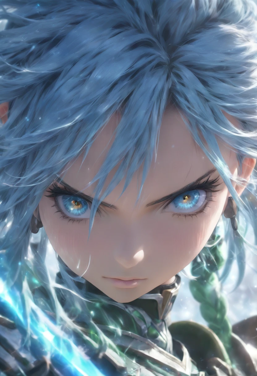 High quality, Ultra detailed, masterpiece, intricate detail, (1girl), ((a women with blue hair and wearing silver armor and dark blue clothing, Sinon Solus from Sword Art Online)), (holding a sacred bow), (earrings, hair ornament), Face behind the camera, Head facing the camera, Ultra photo realsisim, beautiful blue eyes, cinematic, Ultra HD 8K, (blue nuerons running on the neck)