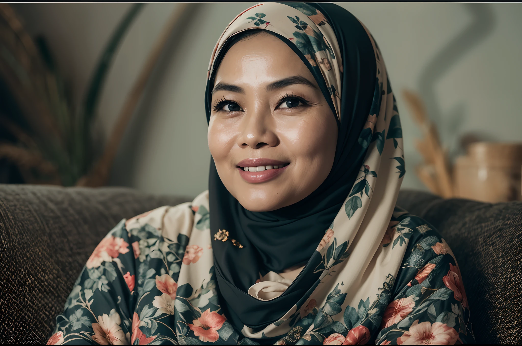 Nestled comfortably on her couch at home, a charming Malay woman is enjoying a cozy evening. She’s elegantly dressed in a black hijab, and her long-sleeved top, adorned with a floral pattern, enhances her warm and homely aura, pastel color theme, Super 8mm lense, Extreme close-up, High Contrast cinematography effect, bright Natural Lighting, Desaturate color grading, high quality, ultra detail, 8k resolution,