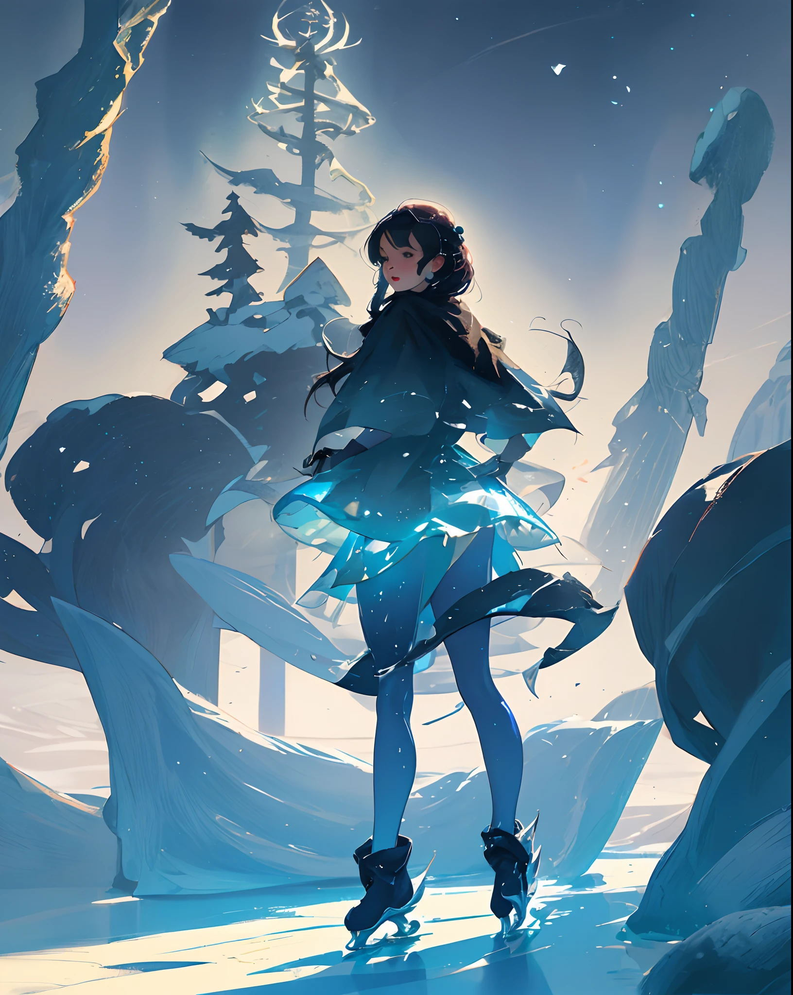 Illustration for a fairy tale about a girl, standing on the ice, who knows how to skate