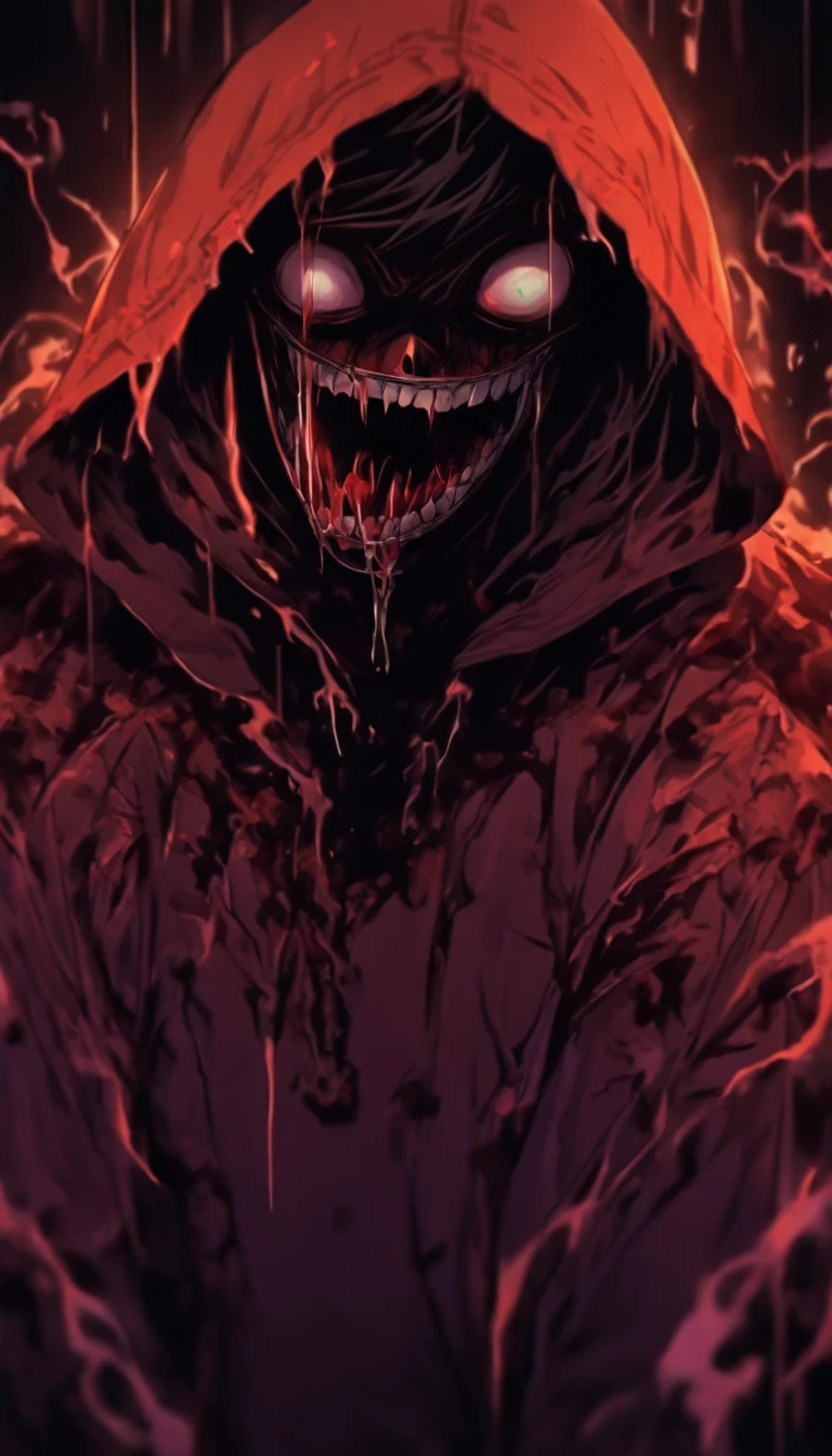 Manga Character design, Momo face mix jeff the killer face, full body view, black, arafed man with short black hair and big eyes , long arm, long leg, humpback, wearing white hoodie, white pants, white body, white face, no eyes on his face, his face has many veins, very angry,there are many bones coming out of his back, horror film model, his hand holding a knife, holding a death sickle, holding the brain, wearing the hood, barefoot, running pose, injured, very madness, chaos, grinning,stick out tongue, long red tongue, red lips, scary picture, very scary photo, scary photo, cursed image, jumpscare, creepypasta, cursed image, very scary, scared face, scary look, scary face, creepy pasta, jeff the killer, extremely scary, creepy monster, creepy feeling, horror feeling, crazy, haunting, hunting prey, mysterious, ominous, dark aura ,dark background, and an unreal atmosphere in the background, Masterpiece, best quality, high quality, extremely detailed CG uniform 8k wallpaper, bokeh, depth of field, HDR, Chromatic Aberration, Photorealistic, extremely detailed, Intricate, High Detail, dramatic, , niji art, fantasy art, anime illustration