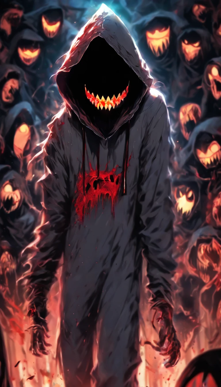 Manga Character design, Momo face mix jeff the killer face, full body view, black, arafed man with short black hair and big eyes , long arm, long leg, humpback, wearing white hoodie, white pants, white body, white face, no eyes on his face, his face has many veins, very angry,there are many bones coming out of his back, horror film model,  his hand holding a knife, holding a death sickle, holding the brain, wearing the hood, barefoot, running pose, injured, very madness, chaos, grinning,stick out tongue, long red tongue, red lips, scary picture, very scary photo, scary photo, cursed image, jumpscare, creepypasta, cursed image, very scary, scared face, scary look, scary face, creepy pasta, jeff the killer, extremely scary, creepy monster, creepy feeling, horror feeling, crazy, haunting, hunting prey, mysterious, ominous, dark aura ,dark background, and an unreal atmosphere in the background, Masterpiece, best quality, high quality, extremely detailed CG uniform 8k wallpaper, bokeh, depth of field, HDR, Chromatic Aberration, Photorealistic, extremely detailed, Intricate, High Detail, dramatic, , niji art, fantasy art, anime illustration