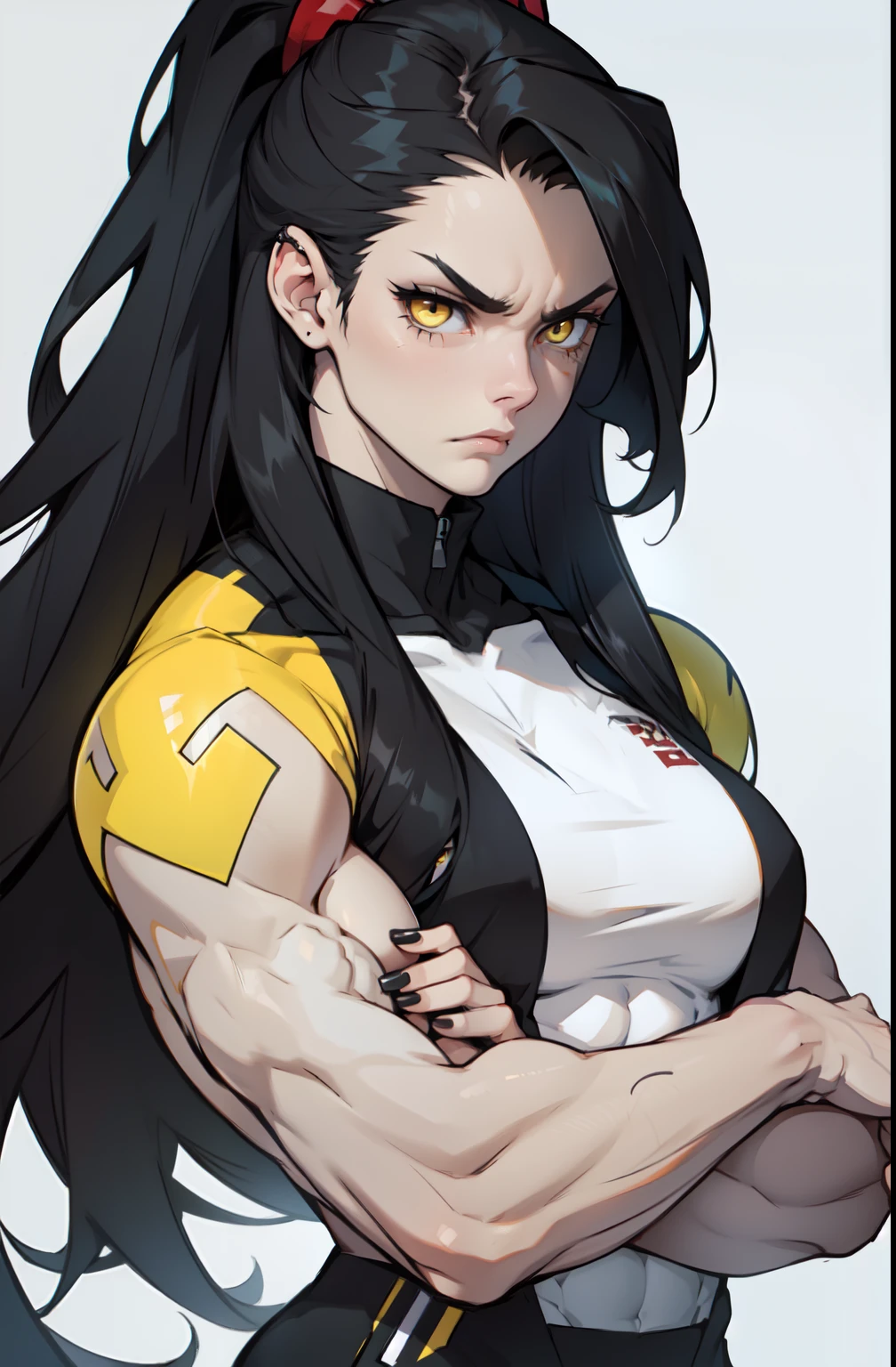 messy hair extremely long hair black hair yellow eyes pale skin girl (muscular girl thick)