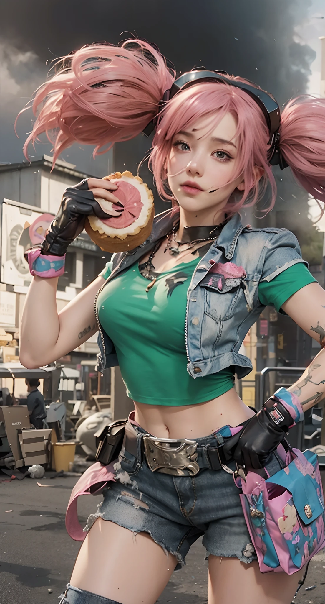 Real life adaption of this character, beauty face,looking to viewer,realistic same pink hair,realistic battlefield background with black smoke, hyper realistic, realistic light, realistic shadow, realism,(photorealistic:1.2), (realistic same outfit),(realistic same accecories) , realistic same bag, realistic same gloves, realistic same belt, realistic same necklace, realistic same cake on her hand