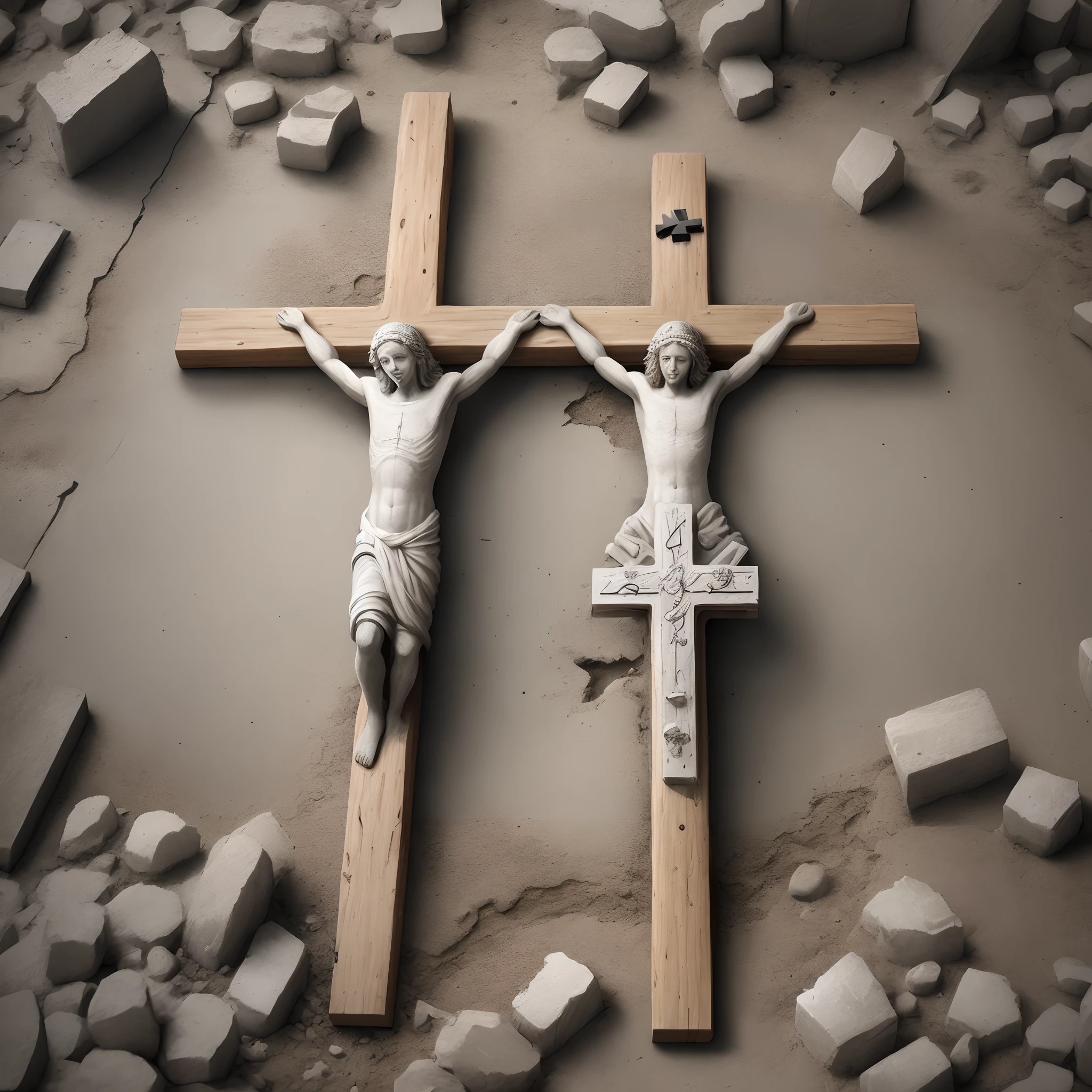 Broken concrete cross with dendro body of christ from pieces