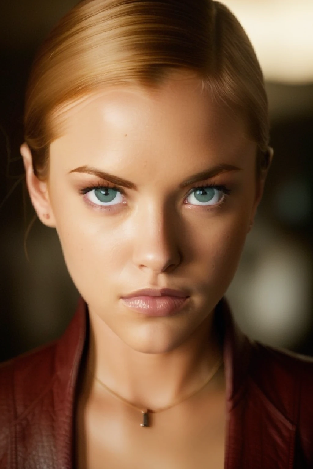 Picture, best quality, (photorealistic image of beautiful KristannaTX:1.1), looking at viewer, seducing look, perfect face, perfect eyes, skin pores, deep focus, dark lighting, cinematic, city street, T-X, deep focus, sharp details, detailed leather, 8K, Ultra HD, best quality