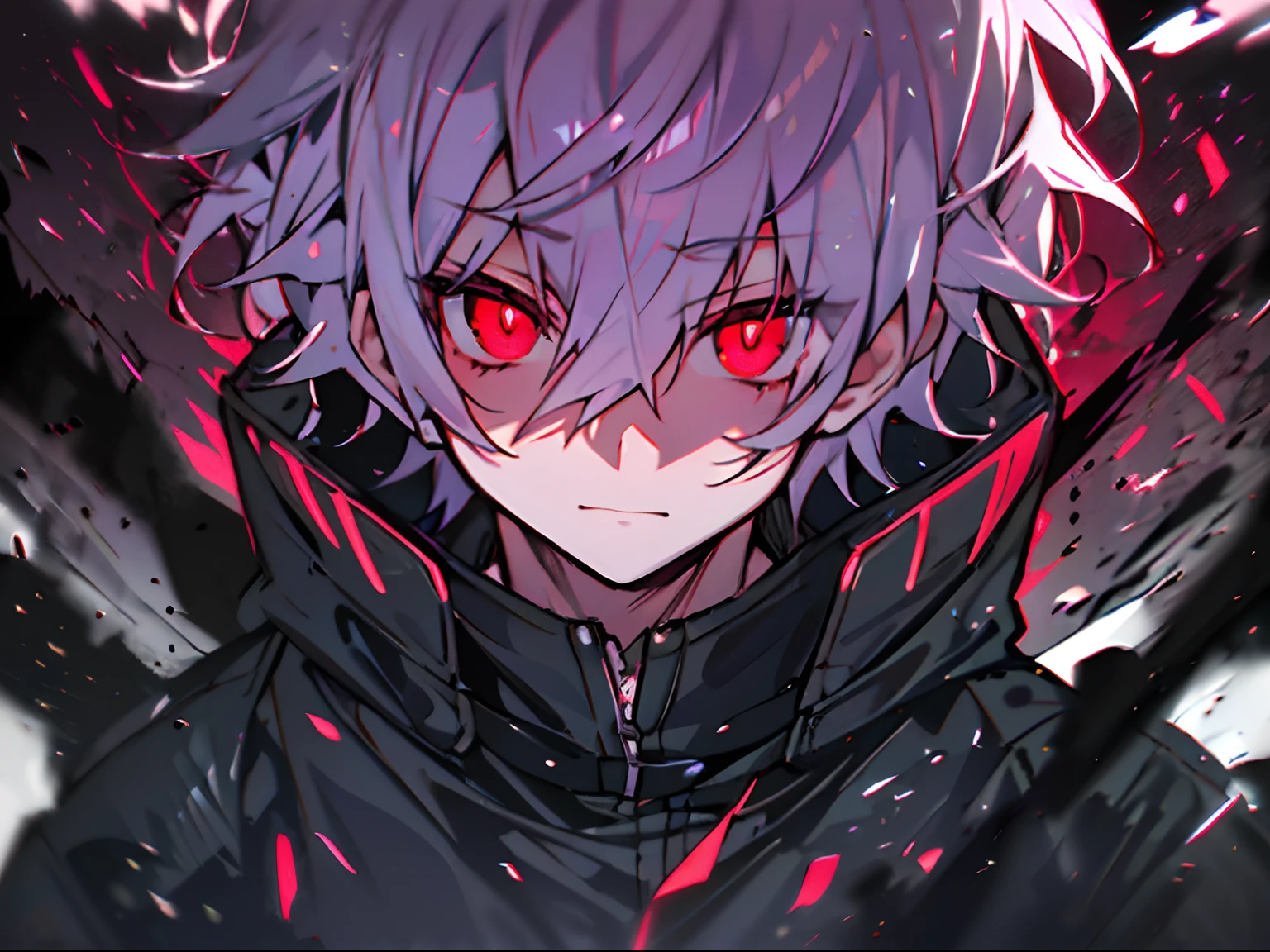 nffsw, Best Quality, masutepiece,Anime boy with white hair and red eyes staring at camera, Glowing red eyes,slim, dressed in a black outfit,Shadow Body,monochromes,hair messy,Farbe々Angle