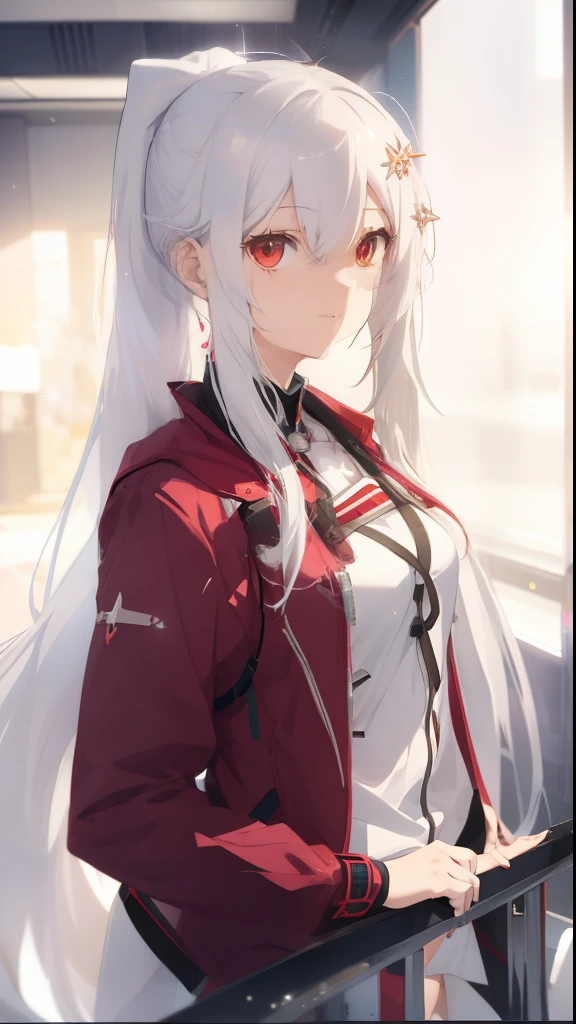 anime - style image of a woman with long white hair and a red jacket, white haired, white haired deity, perfect white haired girl, girl with white hair, silver hair (ponytail), white-haired, white haired lady, gray haired, silver haired, kantai collection style, silver hair girl, from girls frontline, ray of light through white hair