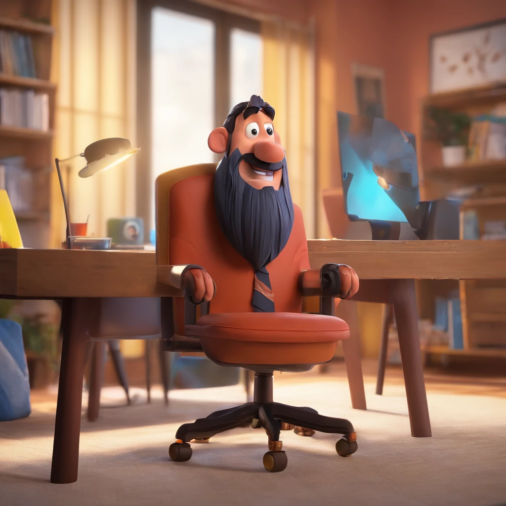 Create a Disney Pixar-inspired poster with the character being an entrepreneur of an advertising agency, Um homem de cabelos pretos, barba preta, camisa preta, Denim Jeans Pants, However in an office chair, com uma perna na mesa e olhando pro celular.