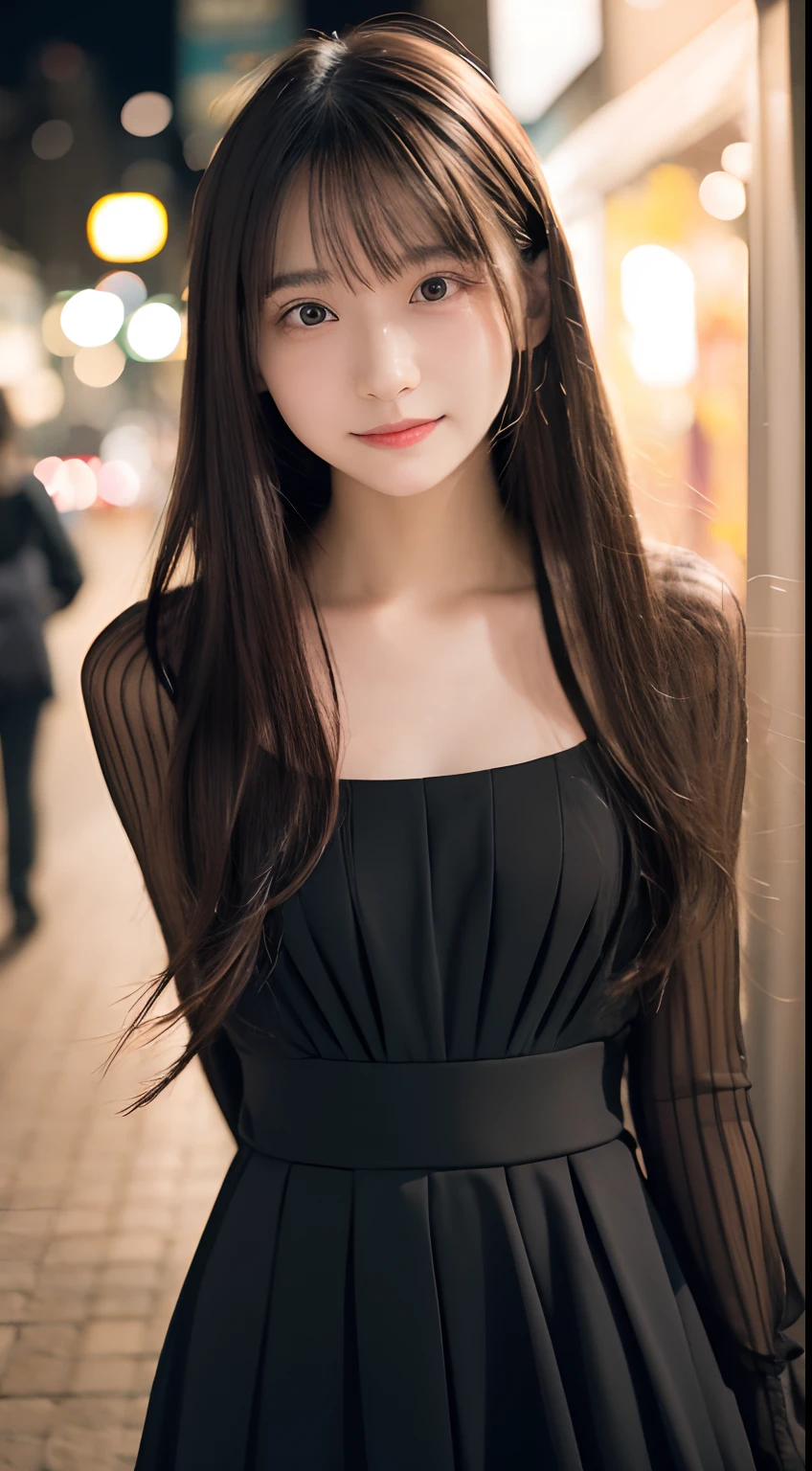 masutepiece, Best Quality, 8K, , Teen, Raw ph absurderes, Daytime、In the city of Shibuya、season for autumn、Autumn Long Sleeve Dress,, Smile, Solo, Night, neons, Idol face, violaceaess, gardeniass, Delicate girl, full bodyesbian, Digital SLR, Looking at Viewer, Candid, Sophisticated, zora々Right, Thin arms, Professional Lighting, Film grain, chromatic abberation, (Eyes and faces with detailed:1.0), (Bokeh:1.1)