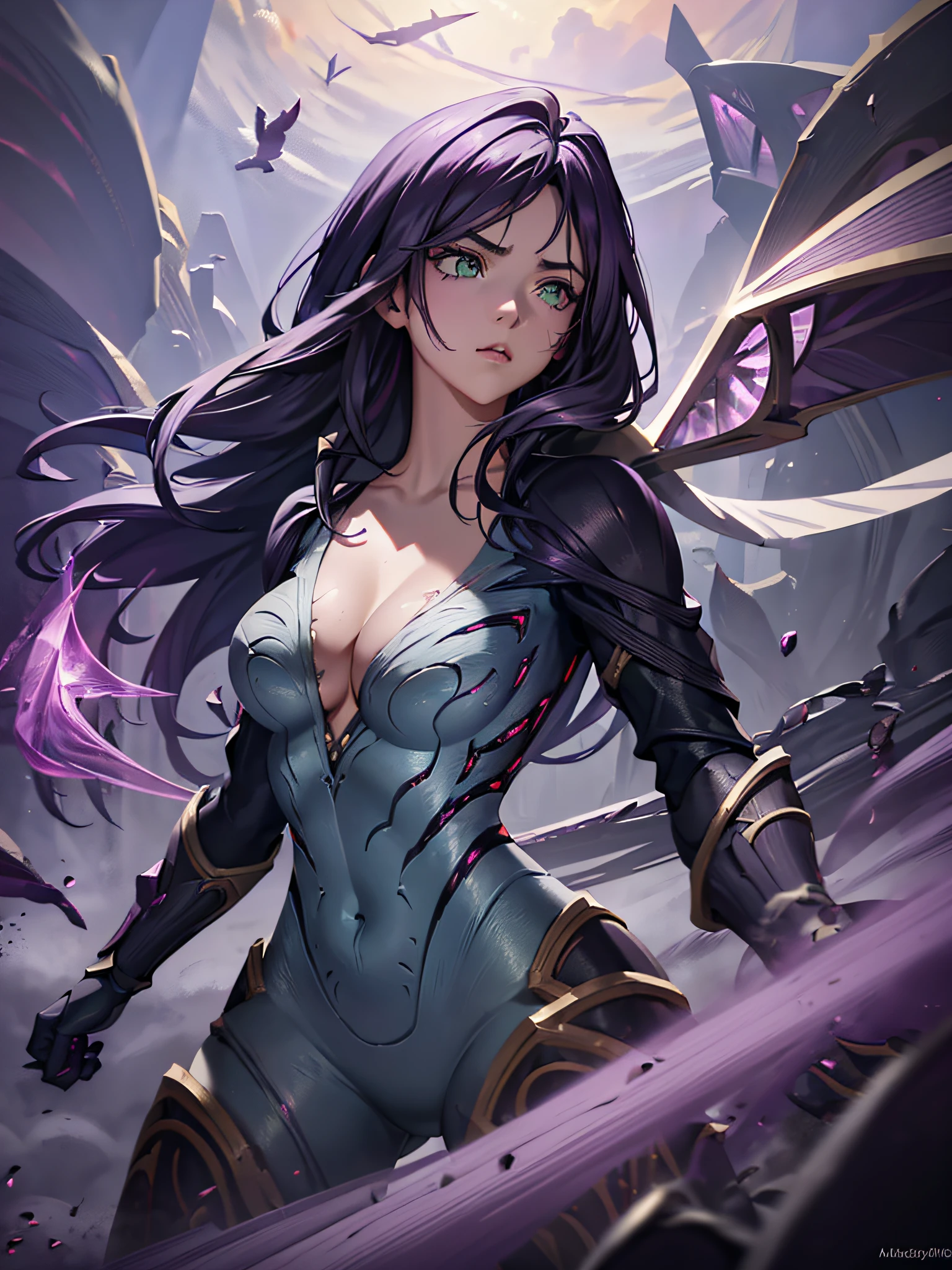 Kaisa, Kai'sa, Light green eyes, dark purple hair, purple robes with purple tones, cleavage, small round breasts, full body, big ass, thick thighs, Very purple and purplish, Empty, purple carp floating in the air, {paper extremely detailed 16k CG unit wall image}, expansive landscape photography, (a low view focusing on the character and setting), (wide open field view), (low angle shot), (high light: 1.2 ), (low light: 1.4), (warm light source: 1.2), complex details, (iridescent colors: 1.0), (bright lighting), (atmospheric lighting), Dreamy, aesthetic