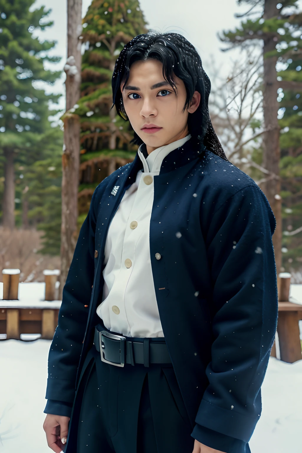 tomioka giyuu, demon slayer, 1boy, solo, upper body, winter, snow, forest, tree, nature, snowing, long hair, looking at viewer, blue eyes, black hair, long sleeves, standing, jacket, male focus, outdoors, japanese clothes, belt, black jacket, black pants, haori, white belt, demon slayer uniform,