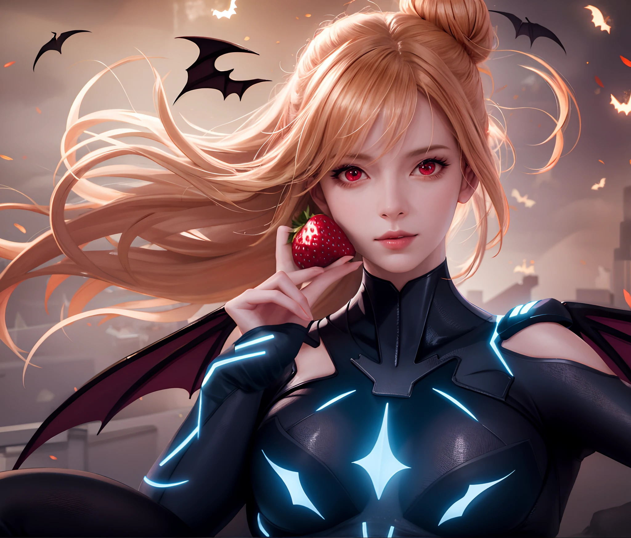 masterpiece, best quality, high quality, High definition, High quality texture, High quality shadow, high detail, realistic, Cinematic Light, sidelighting, Lens Flare, Ray tracing, sharp focus, bat wings, glowing wings, strawberry blonde hair, hair bun, red eyes, bodysuit, bats, floating, legs crossed