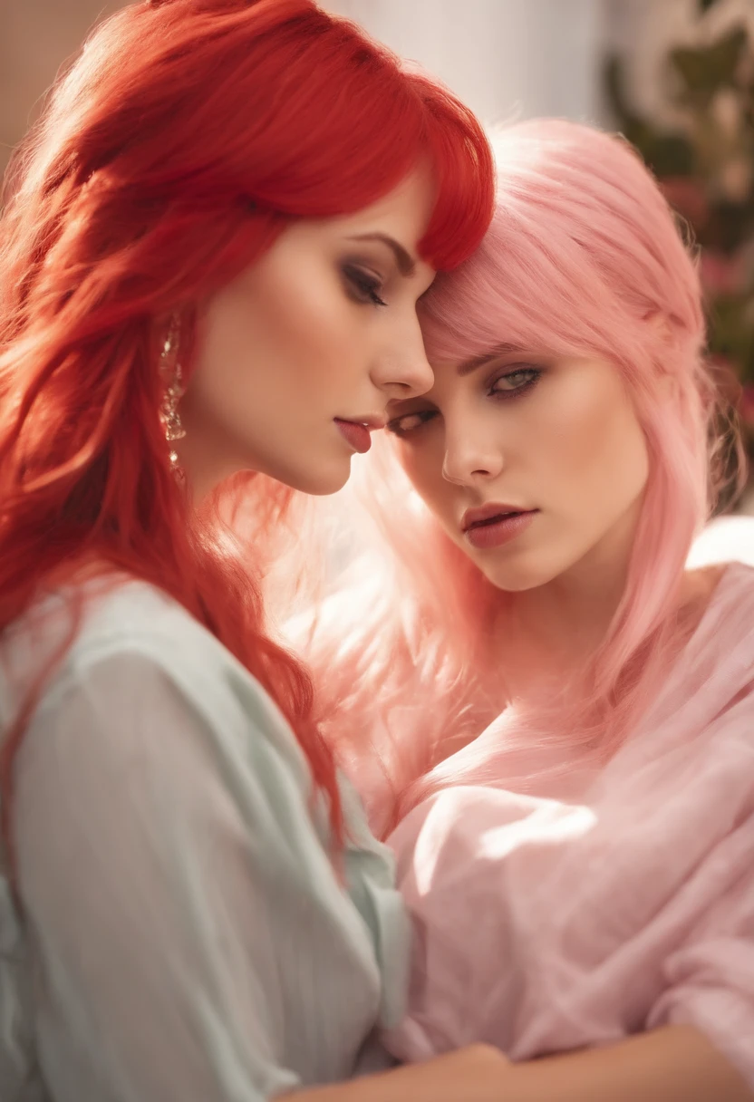 two very close attractive late teenage girls, in bed, white walls, left girl blonde and pink hair, right girl red hair, very attracted to each other, passionate, in love, few clothes , seductive, hand crotch