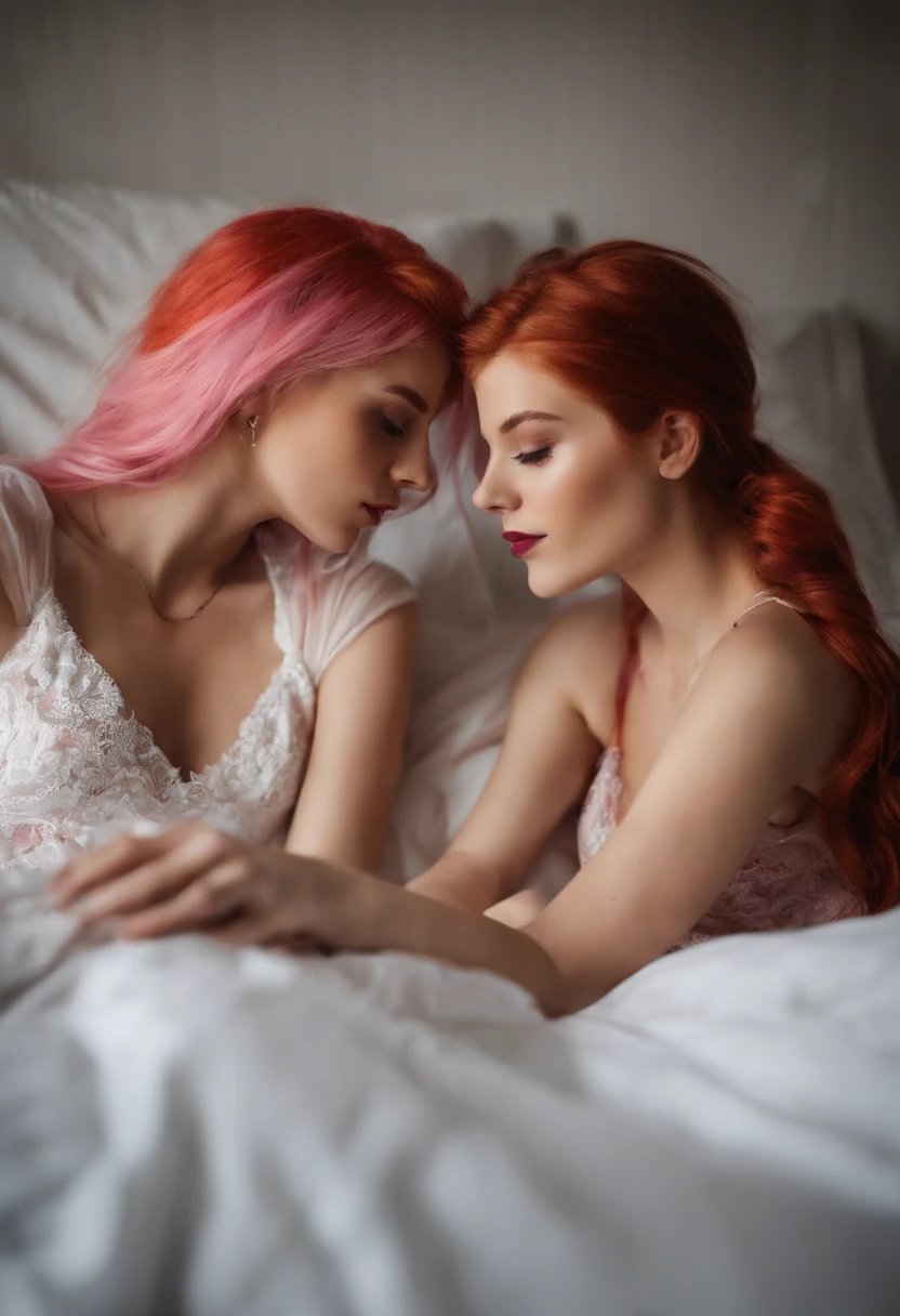 beautiful ginger twin girls, French, teens, with pixie haircuts, matching lingerie, lying back bed, intertwined, kissing, full body picture, slender, teen, skinny, wearing chokers, watched by men in suits