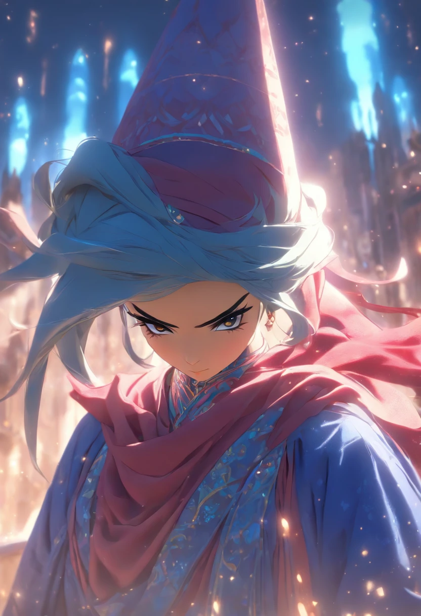 Muslim style，中景 the scene is，Arabic hijab ，blue colors，Stretch your hands，Long messy hair，Glow effects，Hyper-realistic，Ultra photo realsisim，Silver，Decolorization，Smudge，ink，8K，super-fine，high qulity(((Houyi))), Best quality, Ultra-high resolution, 4K detailed CG, Rocket,arabian clothes,mito,Sunlight, ((Spear rockets)) ,
