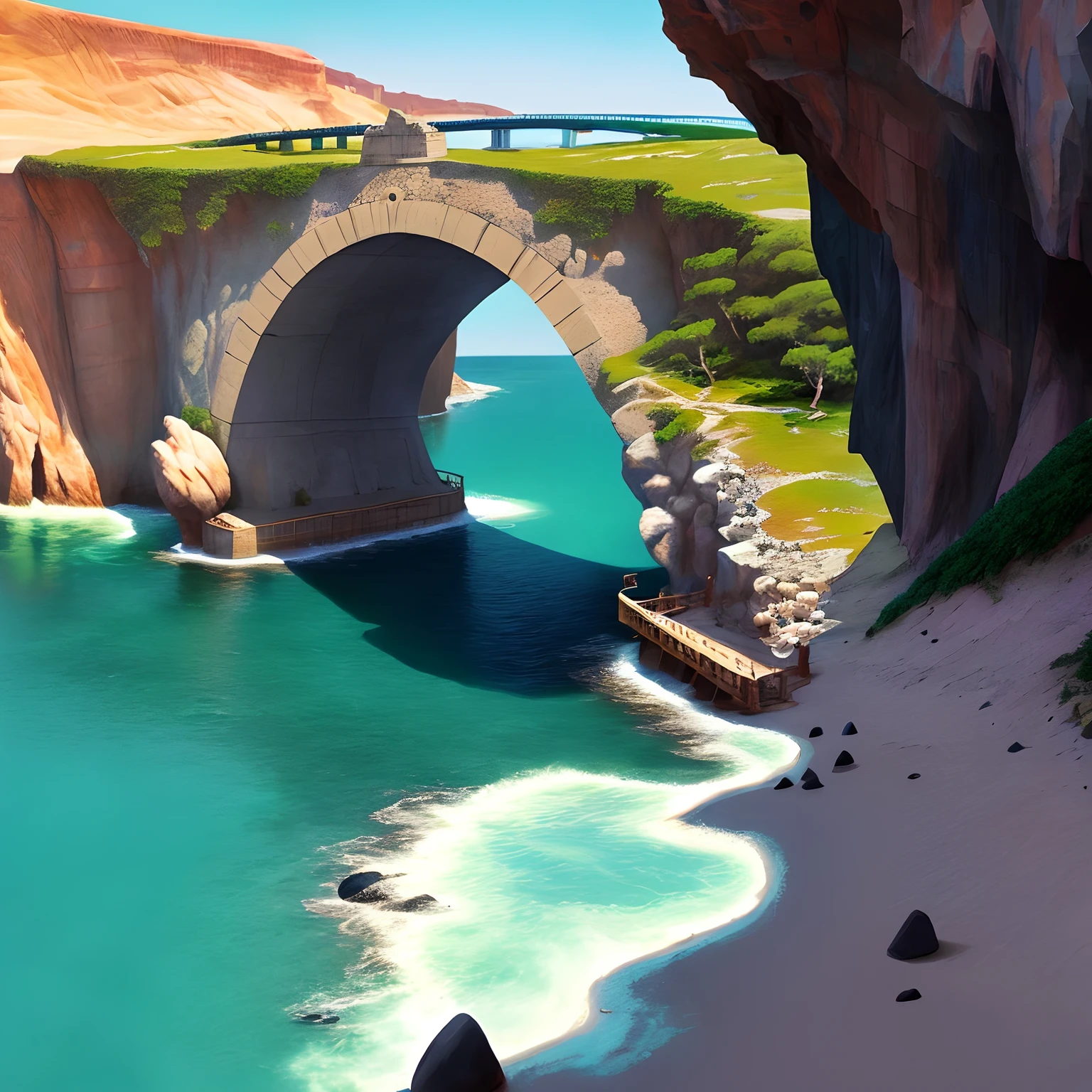 Cartoonizar : gruta com pedra parecendo cama , Bridge over the sea that reaches the cave , This is a tourist spot located in Itanhaém