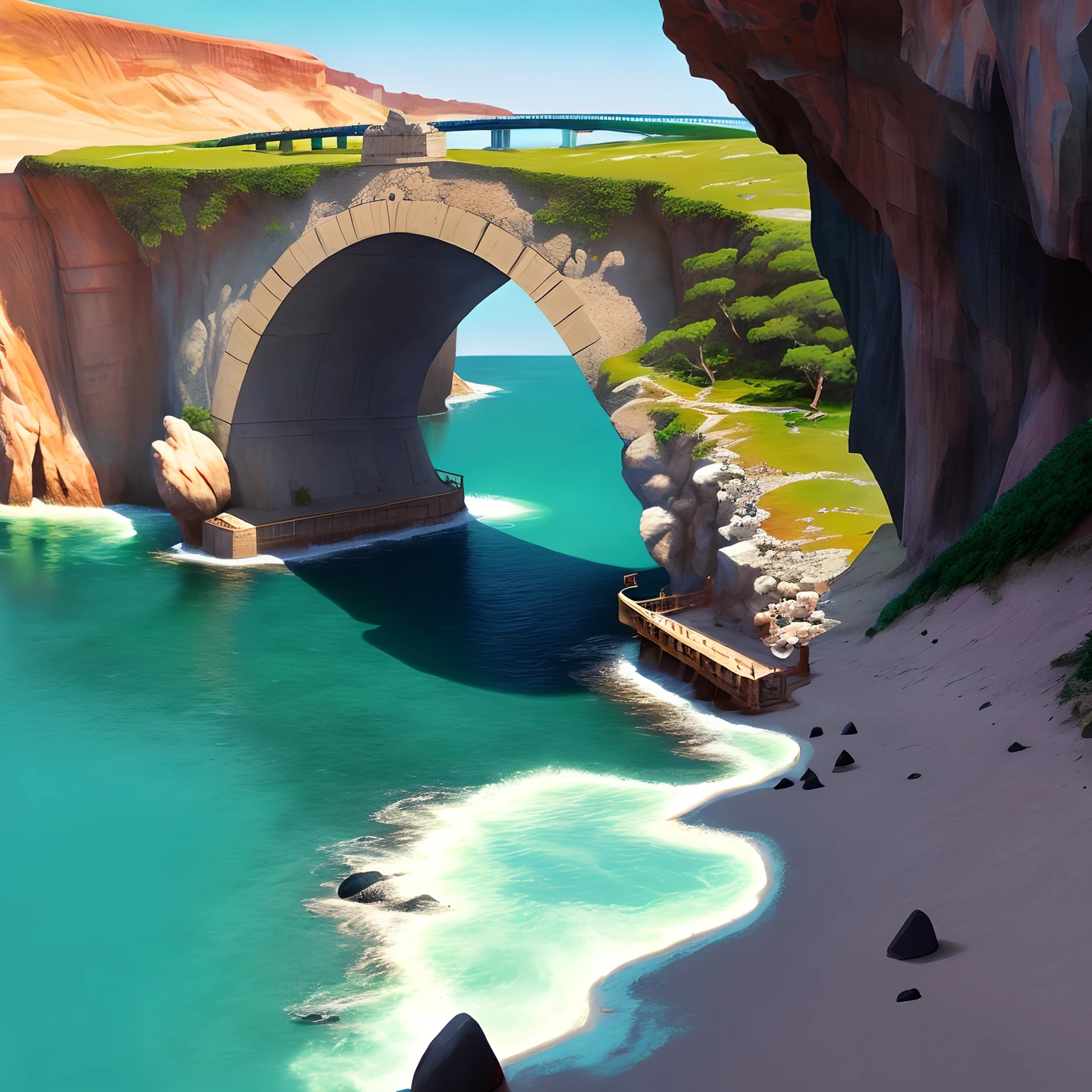 Cartoonizar : gruta com pedra parecendo cama , Bridge over the sea that reaches the cave , This is a tourist spot located in Itanhaém
