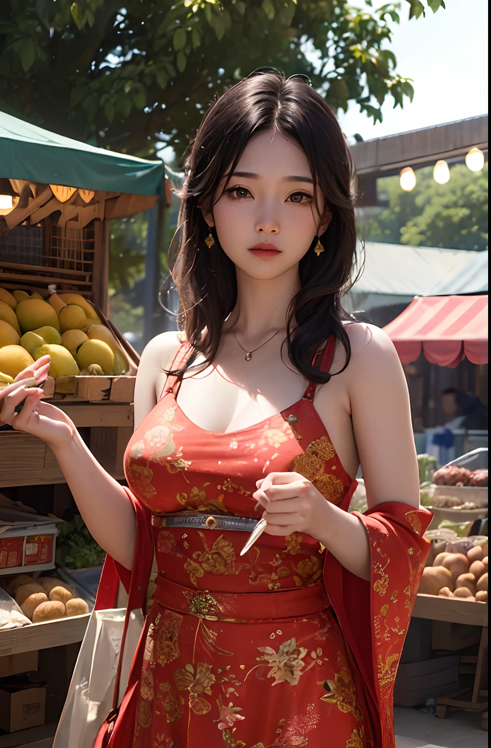 ((hyperrealistic, photorealistic, 8k, intricate details)) a beautiful geisha, sexy, horny, hot, with flowing black hair, full lips, full breasts, wearing a sensual kimono with a corset, is at a fruit market next to a stand with apples, smiling in a busy and happy environment.