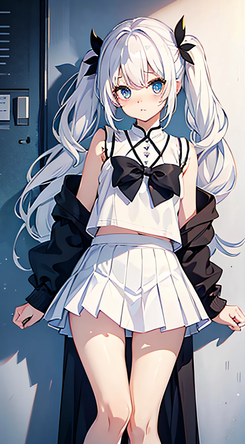 White-haired、Twin-tailed、cute little、bare-legged、white skirt、blanche