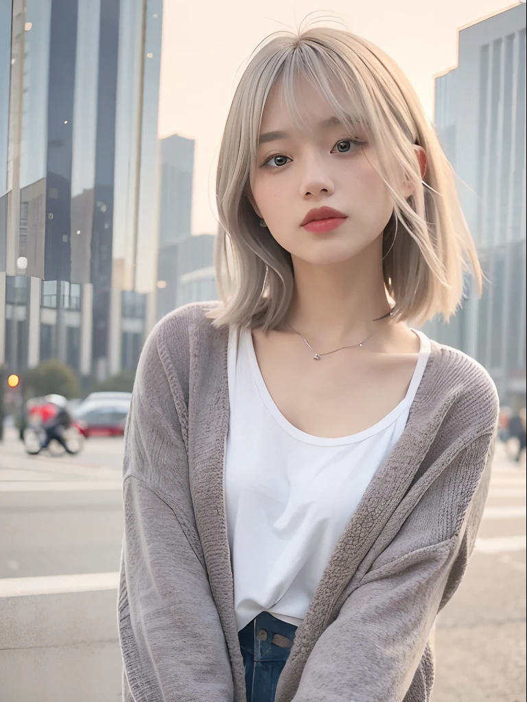mix4,(top-quality), (Photorealsitic),(City background:1.2), 1womanl, The upper part of the body, High Detail Face,, (Silver hair)、 (8K)、(Long bangs:1.5)、(bobhair:1.6)、Strong eyes、Delicate and realistic skin and hair、(cowboy shot:1.5)、Oversized clothes、(Bleached light silver hair:1.5)、Less hair、adultlike face、Looking here、(Clothing that covers the shoulders:1.5)、(Winter clothes:1.5)、(tilt your head:1.3)、inner colored、1 persons、Dramatic、Layered Hair Color、model poses、Twisting the body、Beautiful body lines、(mode:1.8)、Cool、(Sharp eyes:1.5)、straight haired、moderno、Edgy hairstyles、