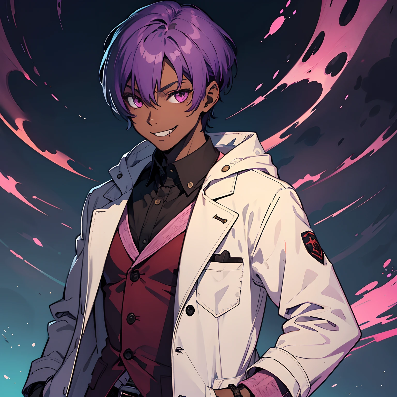man, boy, solo character, short hair, purple hair, pink eyes, fangs, dark skin, smile, doctor coat, vampire