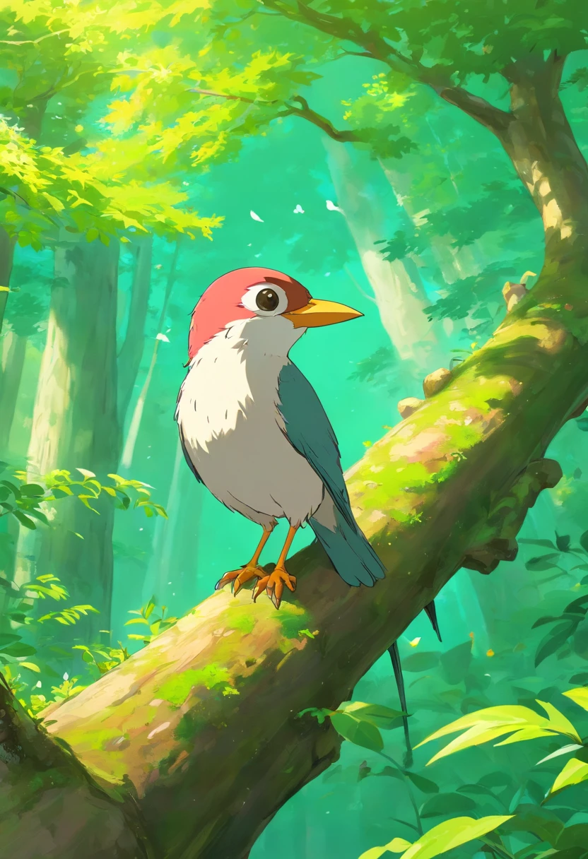 A small bird,standing on a tree branch,The background must be a forest,Birds have different postural movements,cartoonish style,Long-range shots,The bird's expression should be cute,Forests need to be more detailed,Children's picture book style,full body shot shot