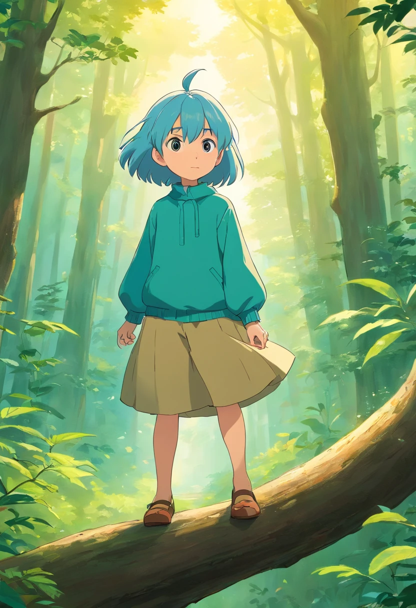 A small bird，standing on a tree branch，The background must be a forest，Birds have different postural movements，cartoonish style，Long-range shots，The bird's expression should be cute，Forests need to be more detailed，Children's picture book style，full body shot shot