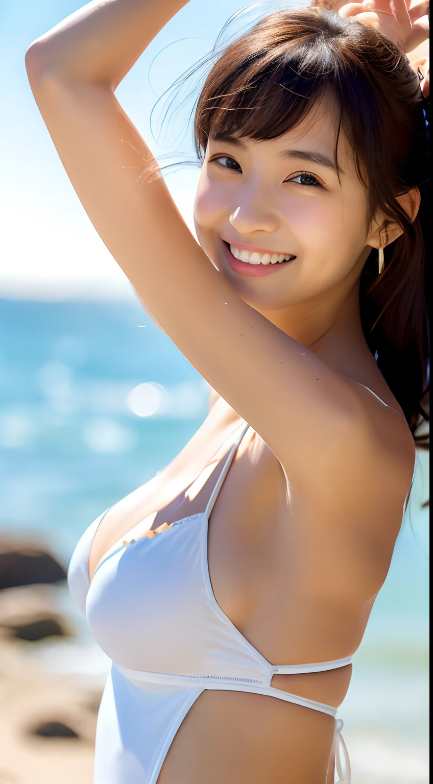 mature youngster、Erotic swimsuit style、Super Cute、Extreme close-up whole body、soft skin perfect face、gorgeous long wavy brown-haired、8K分辨率、A hyper-realistic、ultra-detailliert、hightquality、Erotic beautiful woman in trendy swimsuit on smiling runway、(tits out:1.5)