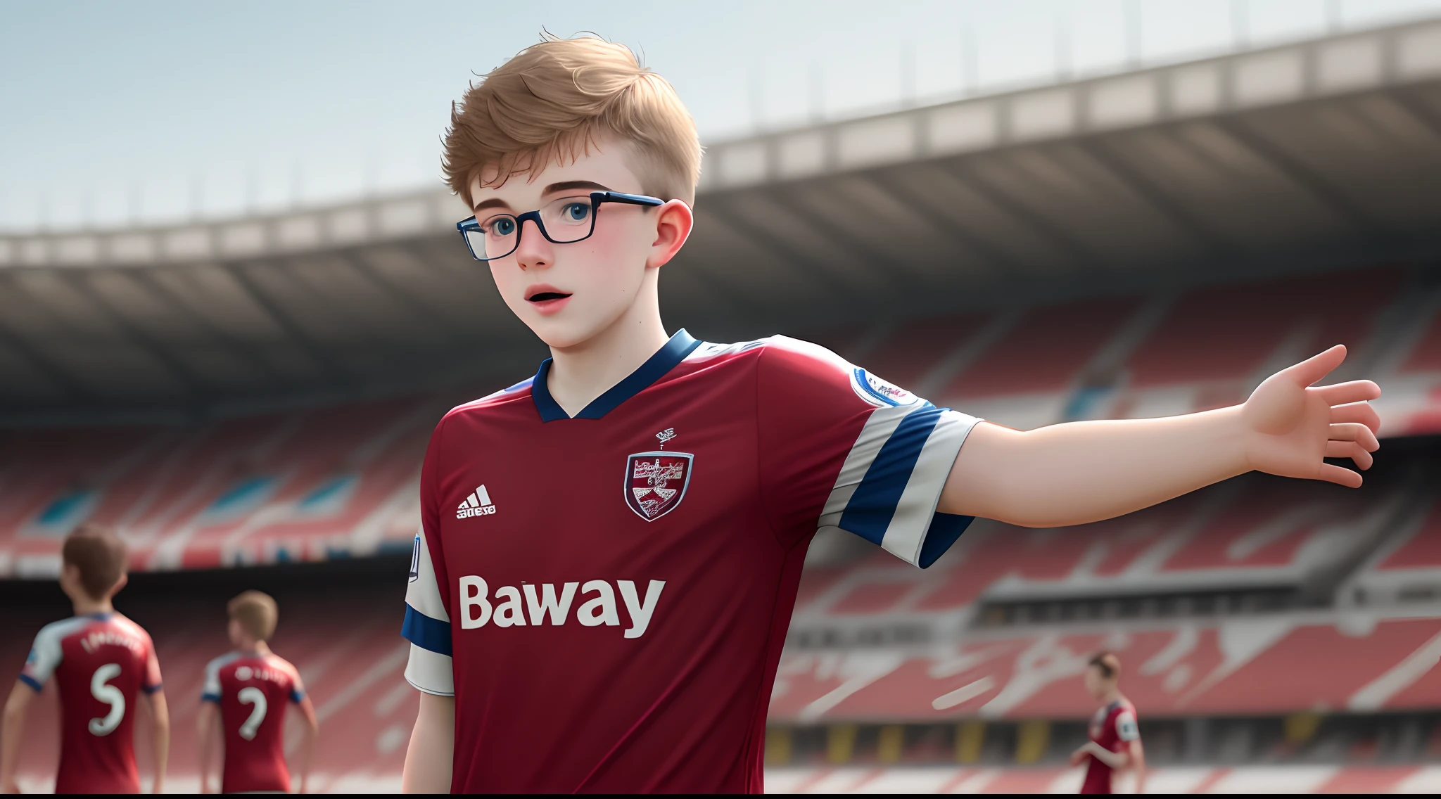 White kid with big ears and glasses with a west ham United jersey on