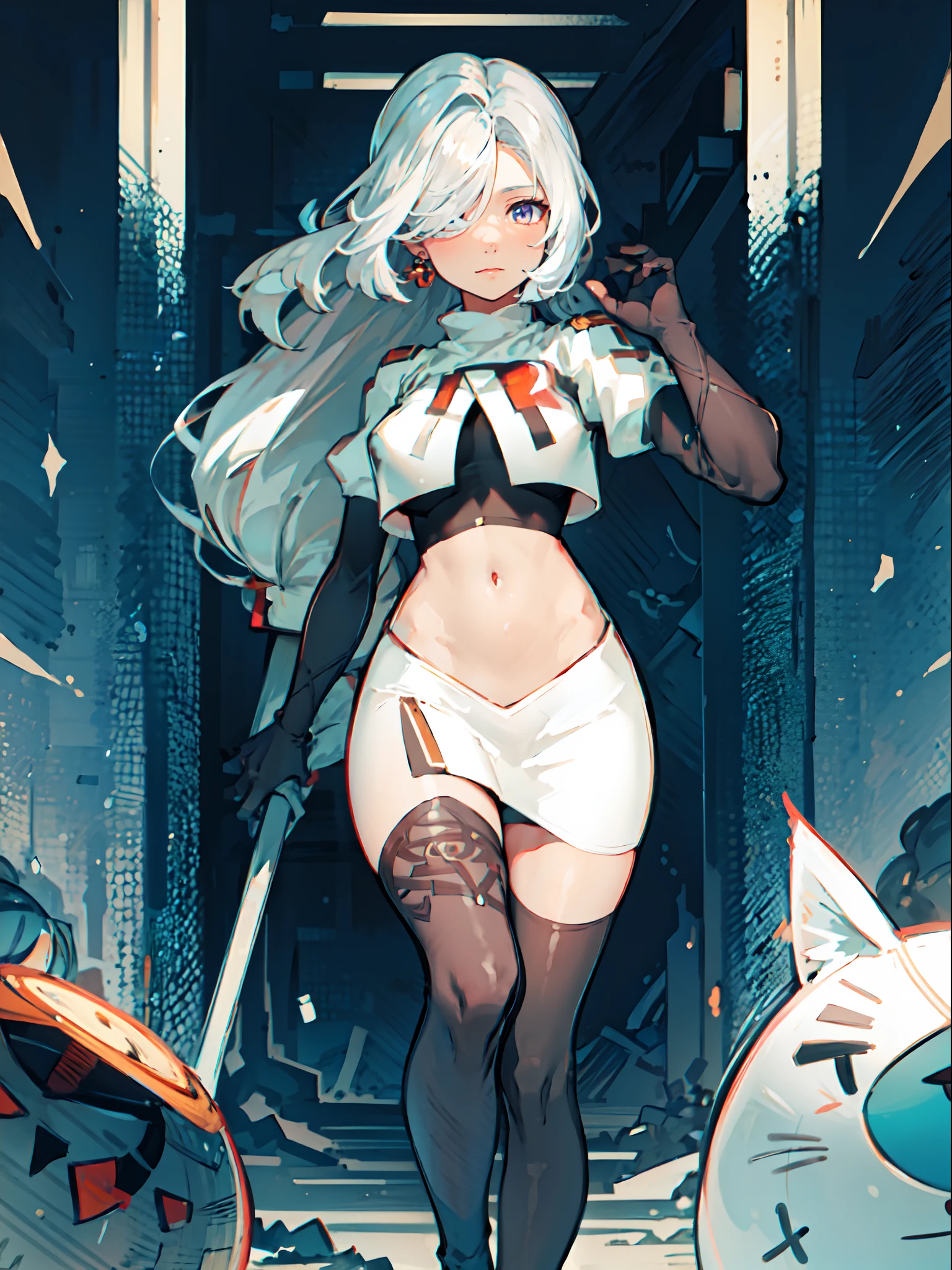 White color hair,High ponytail,Loli figure,A beautiful full body girl,with fair skin,14岁,busty figure,Combat attire,take gun,Super sexy scene,facial closeups