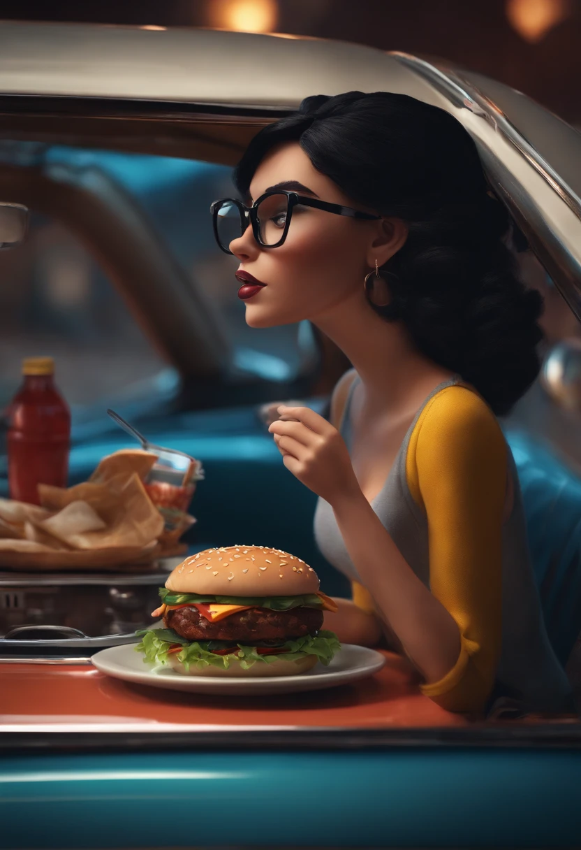 Make a white girl with black hair and glasses,  com carro branco como Disney Cartoon, She's eating hamburger, Pixar, ..3d, Disney