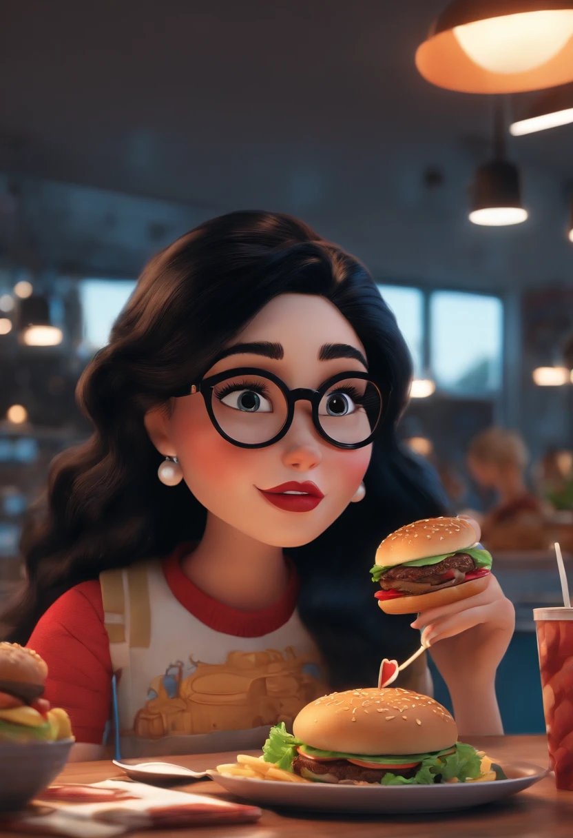 Make a white girl with black hair and glasses, com carro branco como Disney Cartoon, She's eating hamburger, Pixar, ..3d, Disney