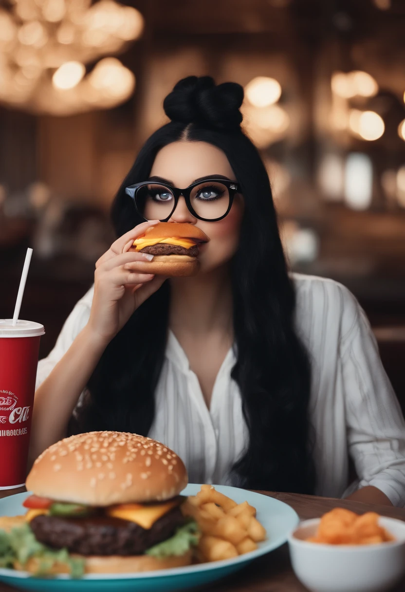 Make a white girl with black hair and glasses,  com carro branco como Disney Cartoon, She's eating hamburger, Pixar, ..3d, Disney