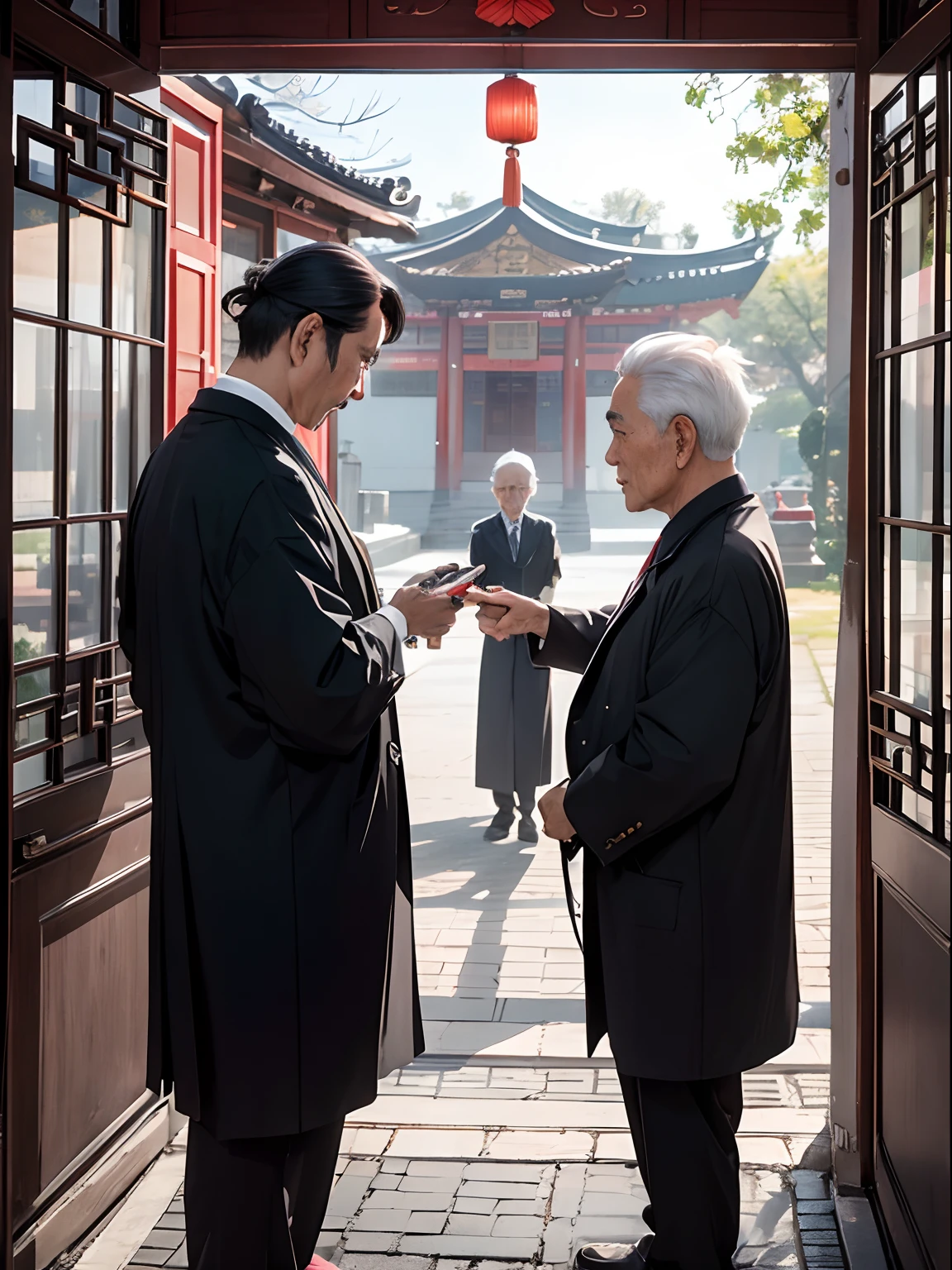 人物(Two men)
+
Character details(The old man is seventy,Middle-aged man in his thirties,The old man had gray hair,The old man's expression was serious,The middle-aged man bowed his head and repented、The old man reprimanded the middle-aged man,The elderly are dressed in Chinese style、Middle-aged man in a black suit)
+
Scenes(The entrance of the Chinese building)
+
angle of view(frontage,Overlooking、Faraway view)
+
Picture quality words(high qulity,8k,Bright colors)
+
