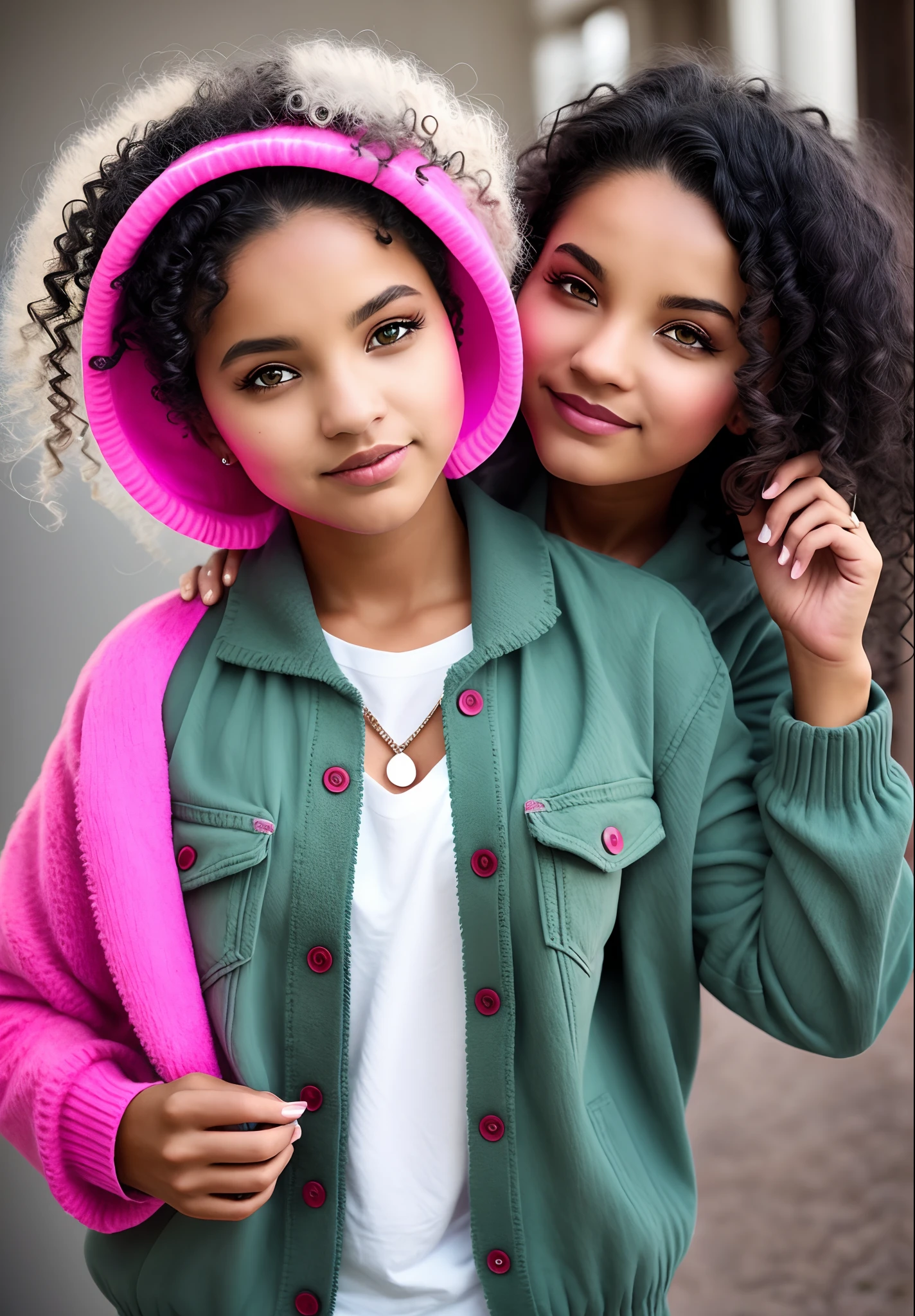 dark tan skin, half brown half white hair, curly hair, brown cat ears, hot pink eyes, scared, green cardigan, dark gray shirt, dark bluegray ripped jeans, black nails, blue fire, male