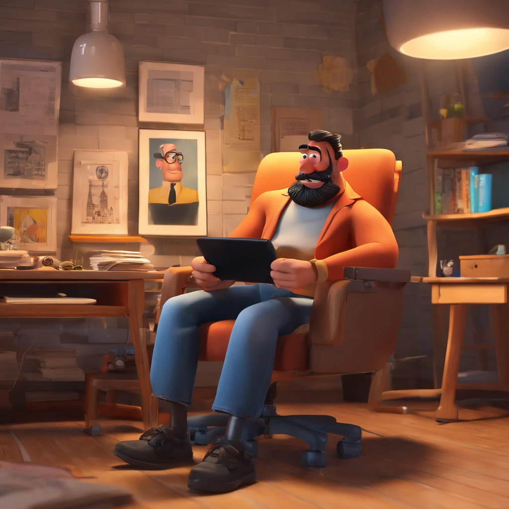 Create a Disney Pixar-inspired poster with the character being an entrepreneur of an advertising agency, um homem de cabelos pretos, barba preta, camisa preta, Denim Jeans Pants, Sitting in an office chair, with a cell phone in hand.