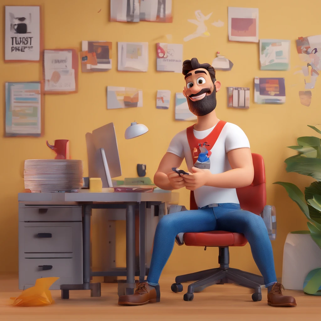 Create a Disney Pixar-inspired poster with the character being an entrepreneur of an advertising agency, um homem de cabelos pretos, barba preta, camisa preta, Denim Jeans Pants, Sitting in an office chair, with a cell phone in hand.