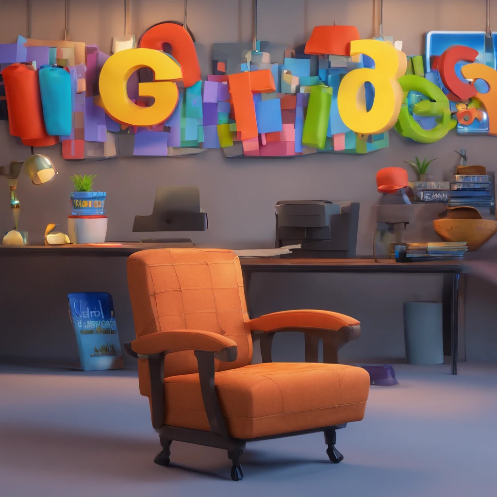 Create a Disney Pixar-inspired poster with the character being an entrepreneur of an advertising agency, um homem de cabelos pretos, barba preta, camisa preta, Denim Jeans Pants, Sitting in an office chair, with a cell phone in hand.