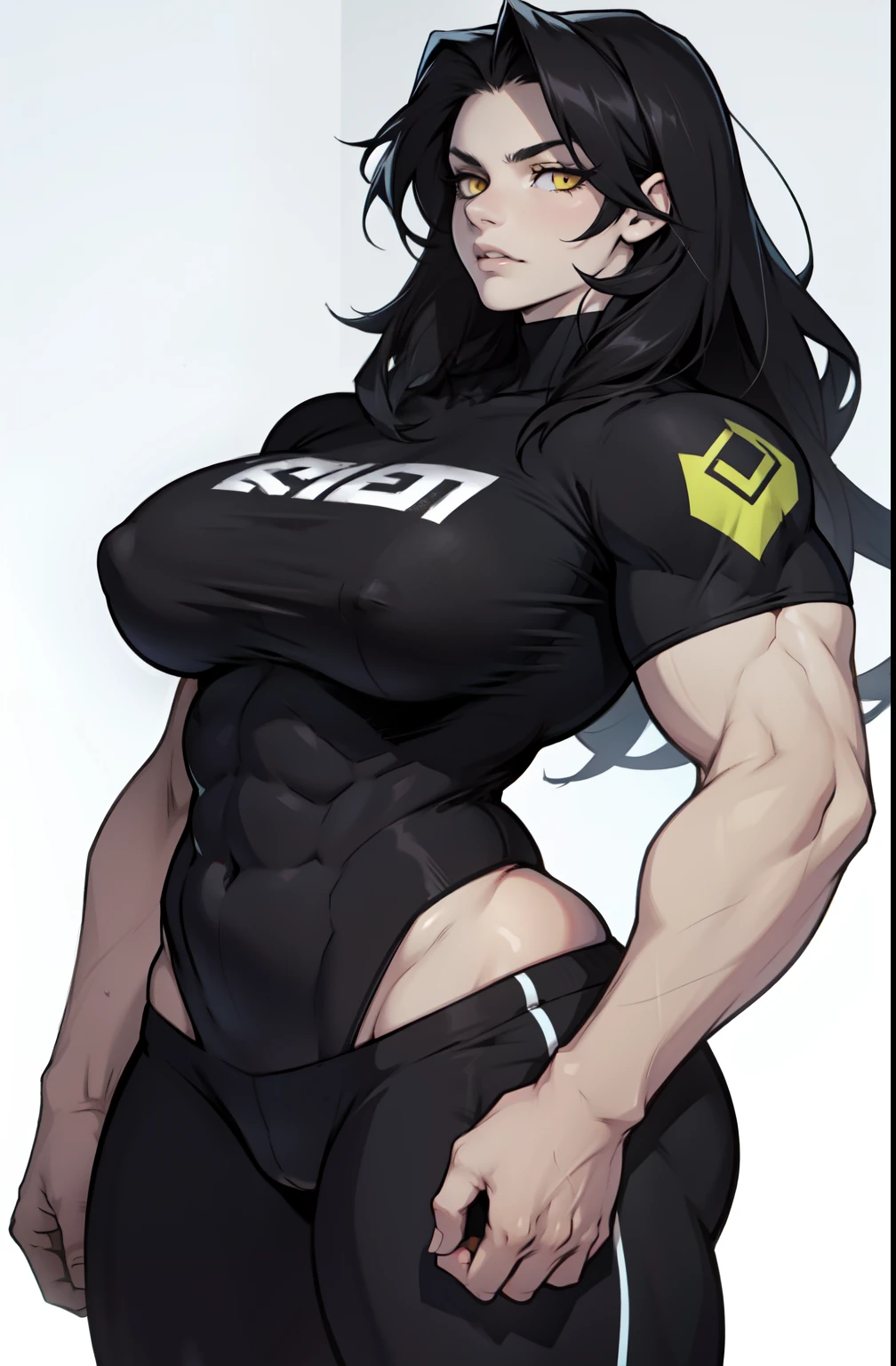 pale skin angry girl huge tits curvy bodybuilder black hair long hair yellow eyes