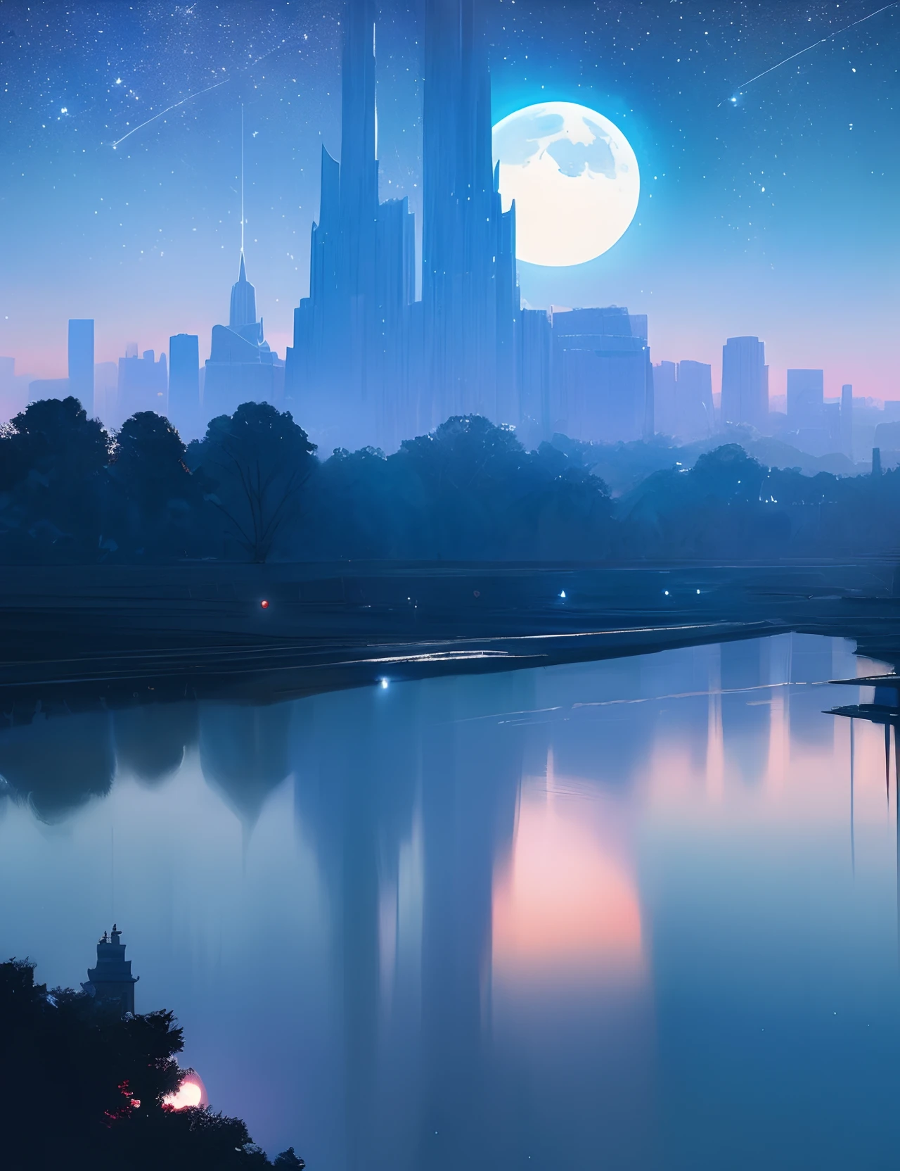 the met、Painting of a river with stars and moon in the sky、the met、Skyscrapers、Concept art inspired by Mitsuoki Tosa、pixiv contest winners、top-quality、Fantasyart、beautiful anime scene、Bright moon、Moonlit star environment、Dream painting、Anime Background Art、Fantasy landscape art、fantasy knight、anime backgrounds、background artwork、Fantastic art、atmospheric anime、starrysky、Detail has been enhanced。