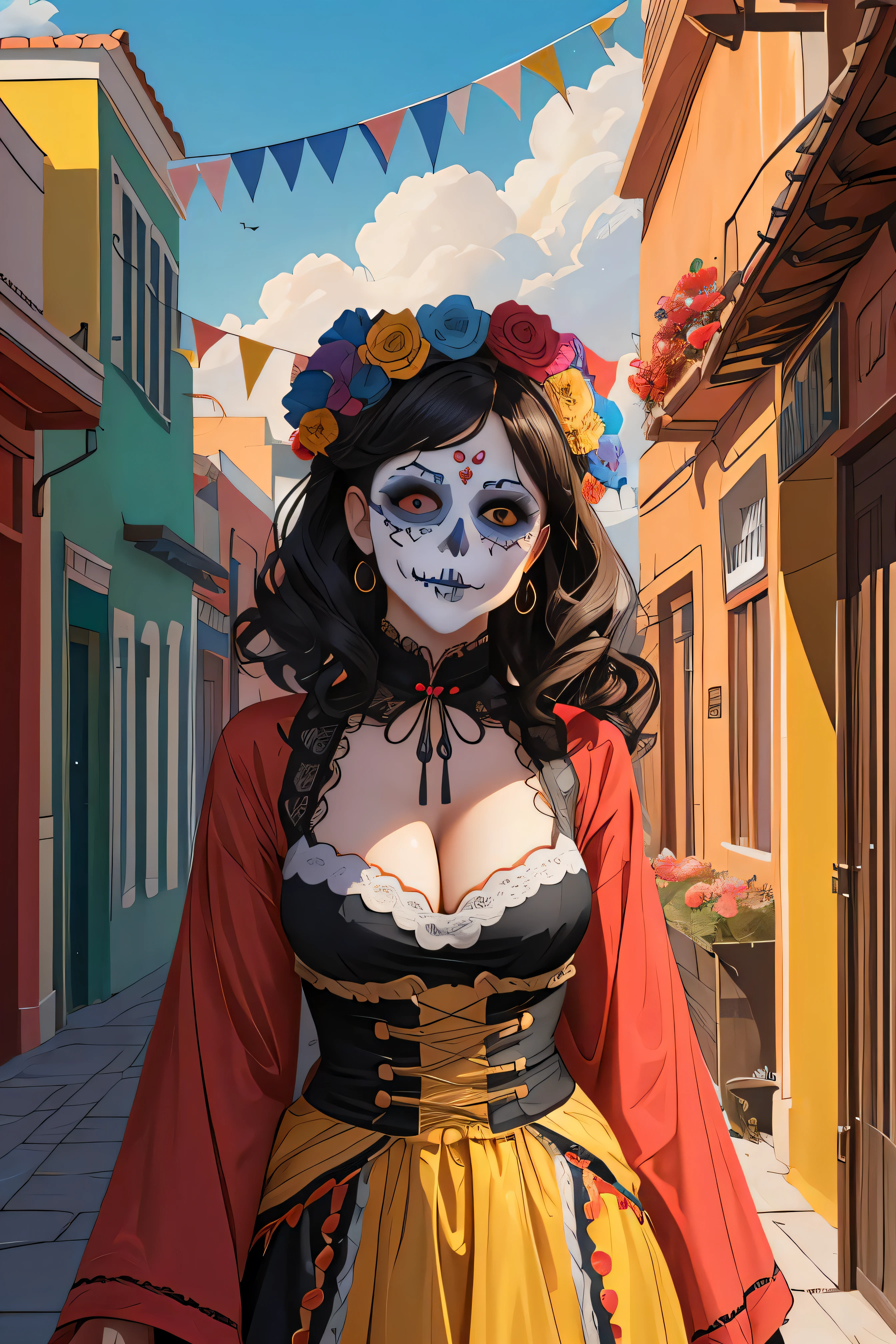 Da de los Muertos, mexican street,peoples makeup, festival background, cleavage, (art by Ferdinand Knab and Claude Bonin-Passarro:1.2),Highly saturated colors, digital art