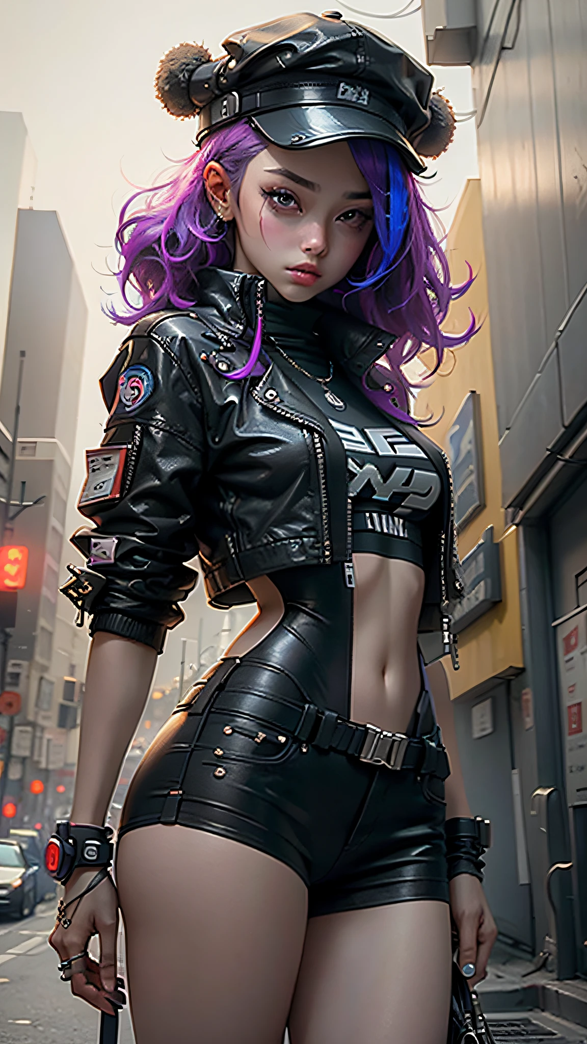 Beautiful woman medium hair, wearing cap, cyberpunk style short clothes