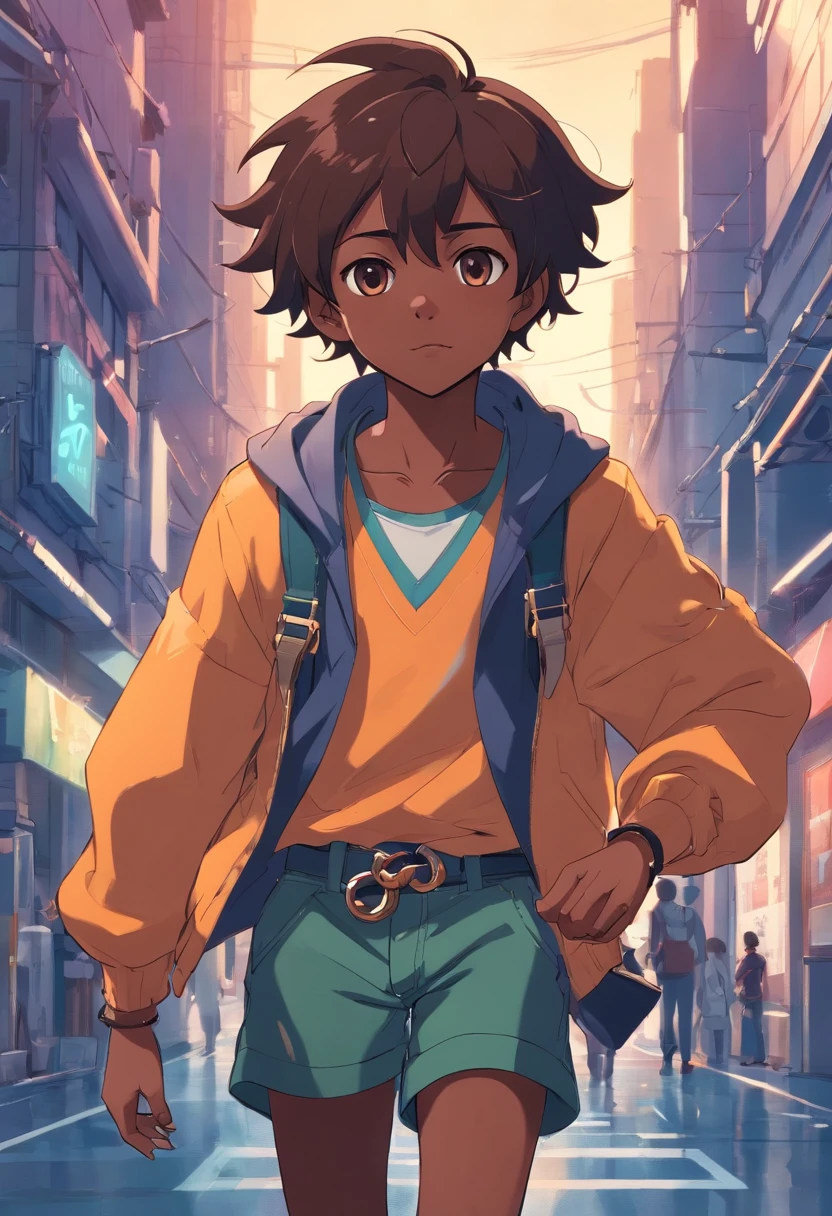 A 14 years old black skinned ??? with really stylish and cool adventurer clothes, he has sharp expressions and long draids a d a chain wrapped around his waist